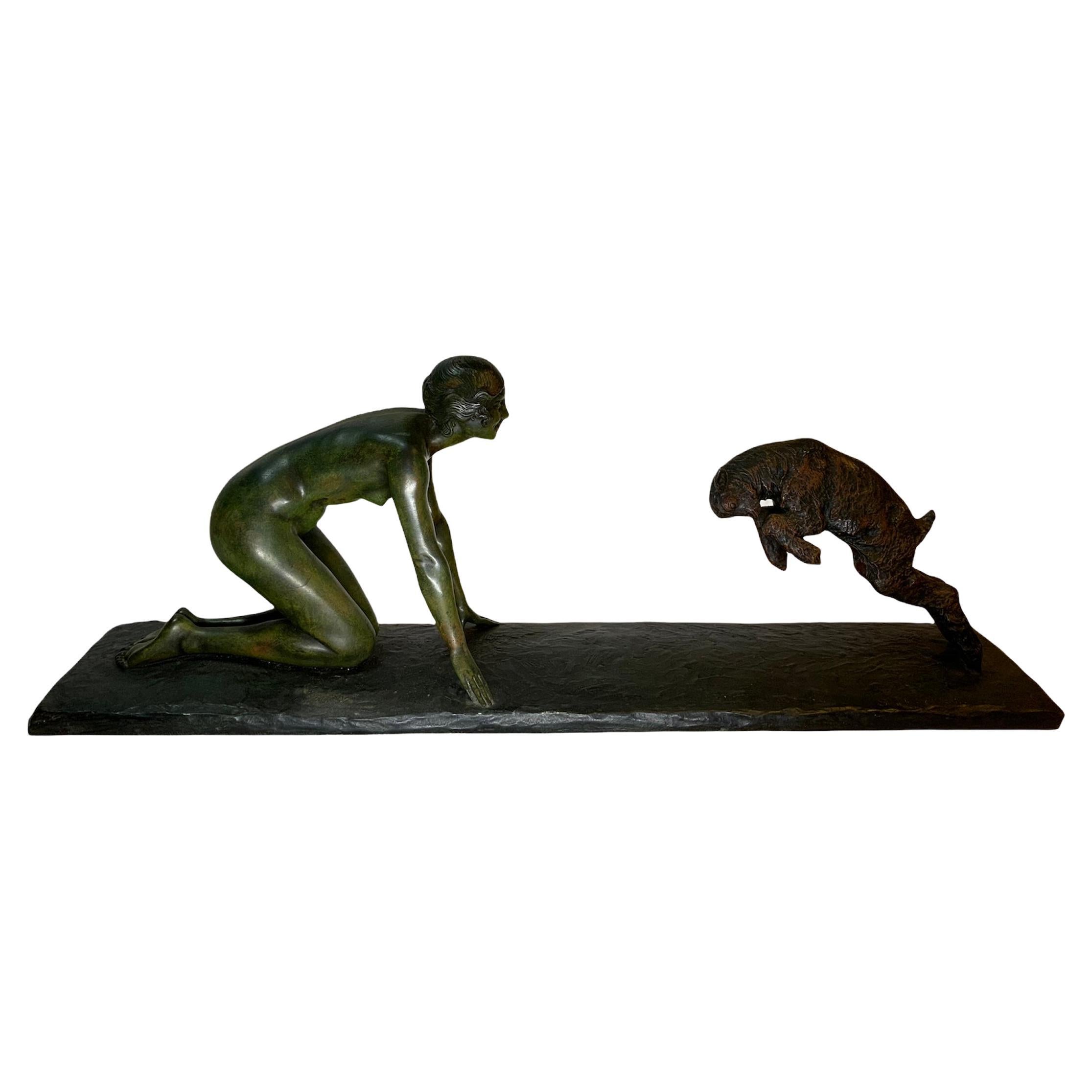 Sculpture en bronze de Paul Silvestre représentant une jeune femme et une chèvre