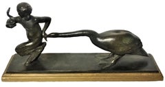 Paul Silvestre, Faun & Goose, French Art Deco Bronze Sculpture, ca. 1920's