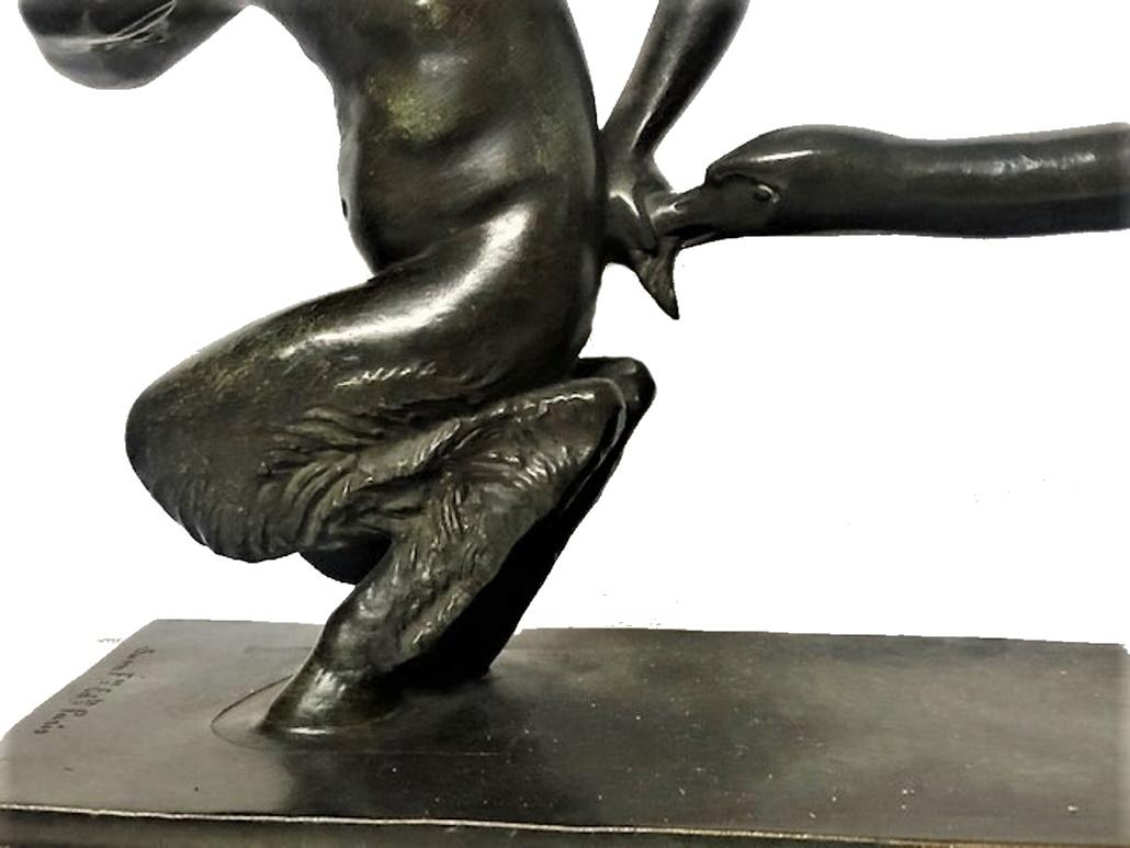 Patinated Paul Silvestre, Faun & Goose, French Art Deco Bronze Sculpture, ca. 1920's For Sale