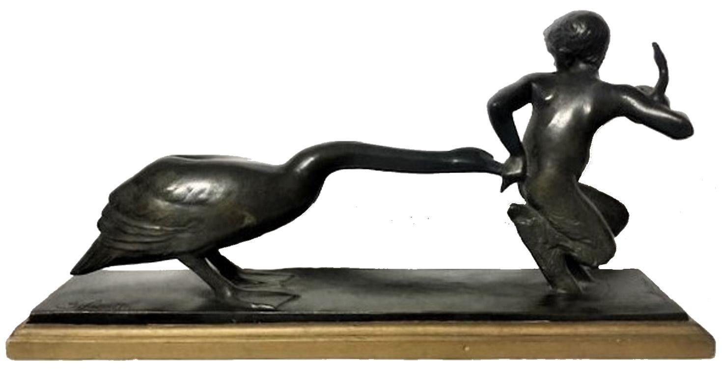 Paul Silvestre, Faun & Goose, French Art Deco Bronze Sculpture, ca. 1920's For Sale 1