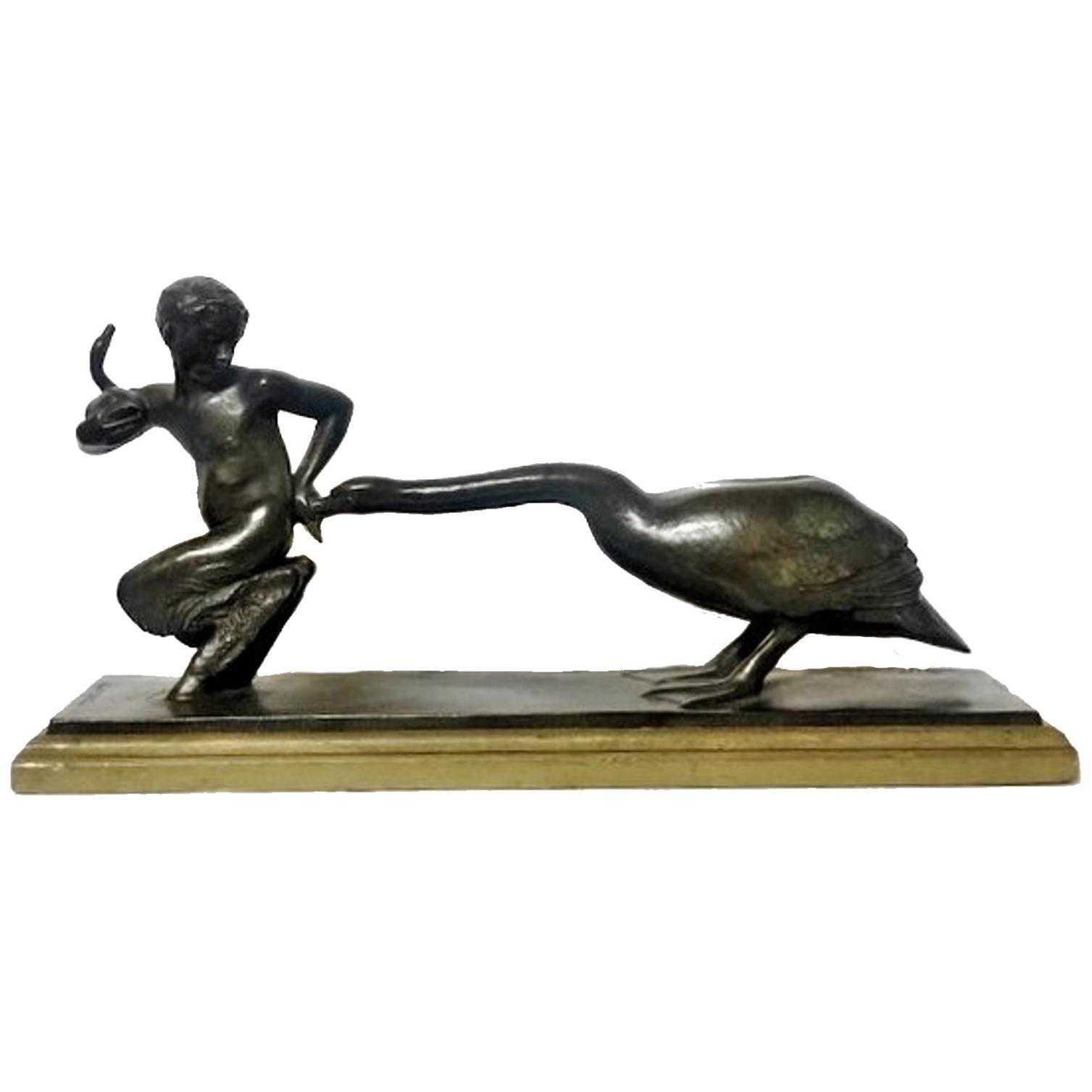 Paul Silvestre, Faun &amp; Gänse, französische Art-déco-Bronze-Skulptur, ca. 1920er Jahre