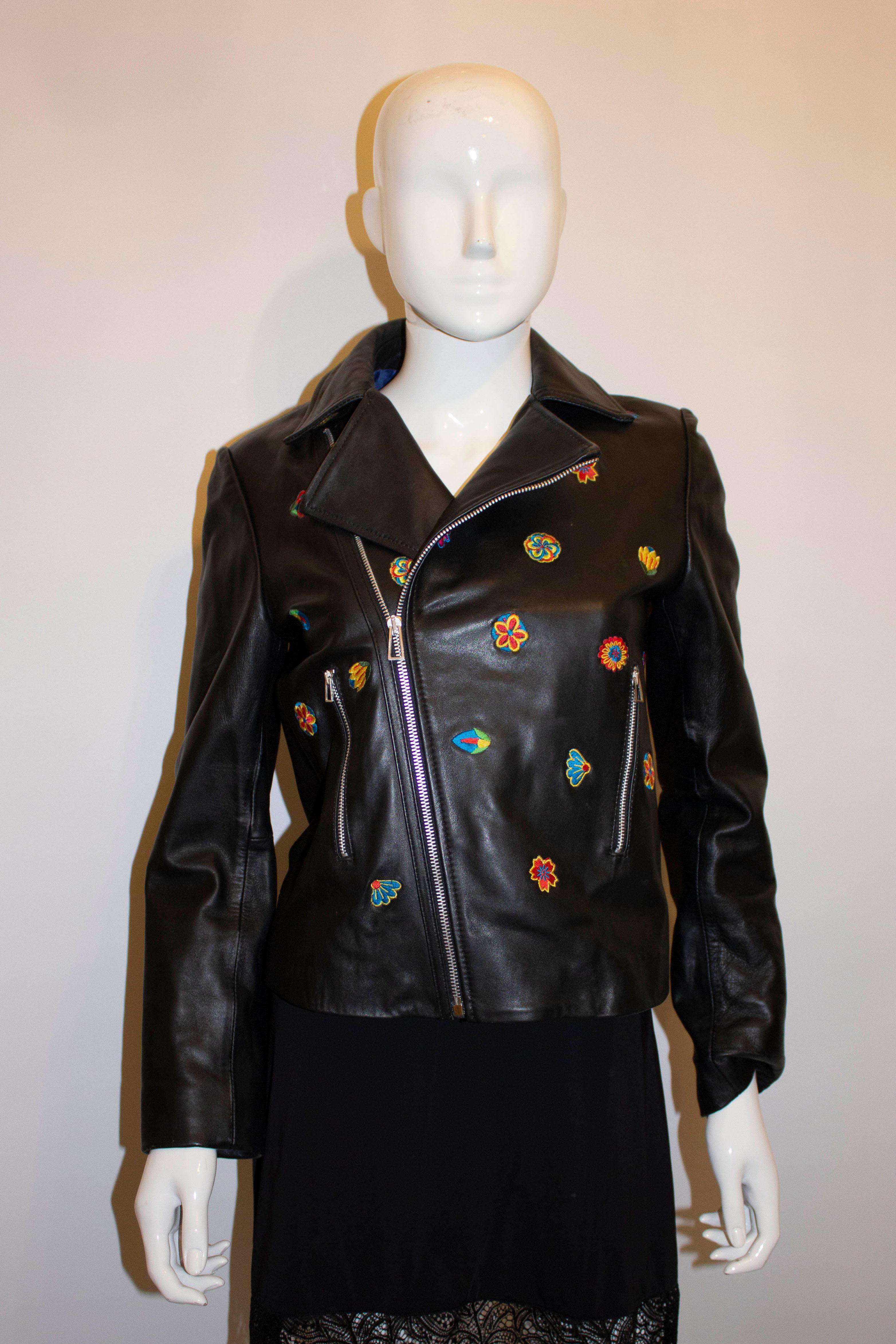 Paul Smith Black Leather Jacket with Embroidery In Good Condition For Sale In London, GB