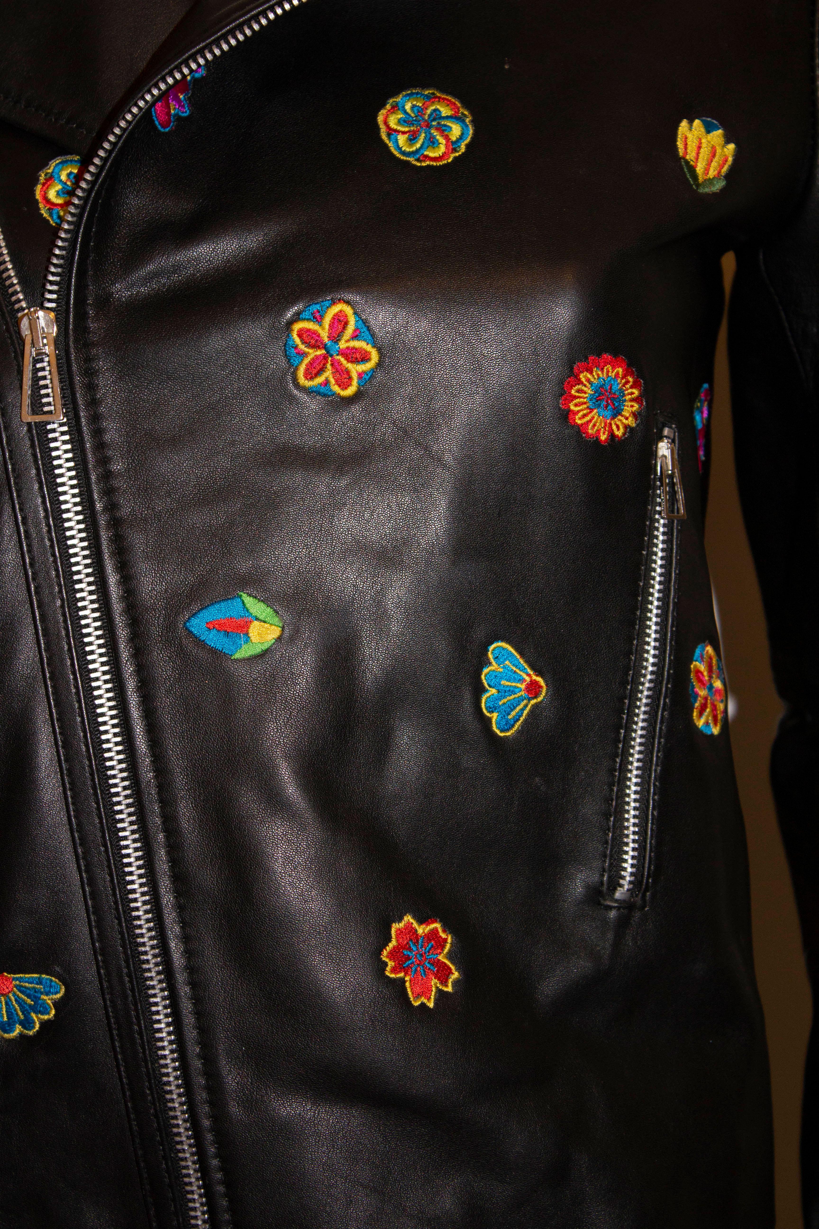 Women's Paul Smith Black Leather Jacket with Embroidery For Sale