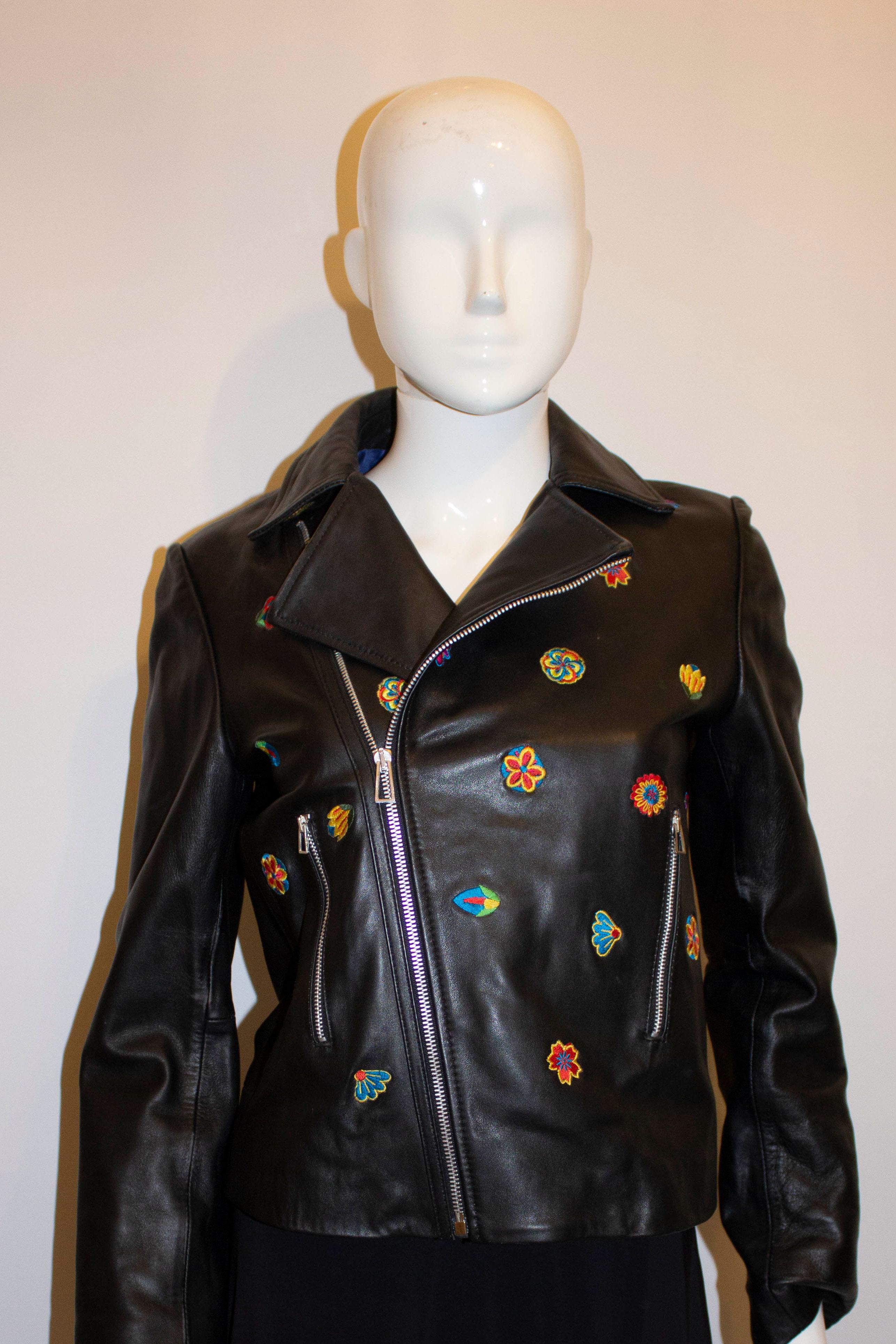 Paul Smith Black Leather Jacket with Embroidery For Sale 2