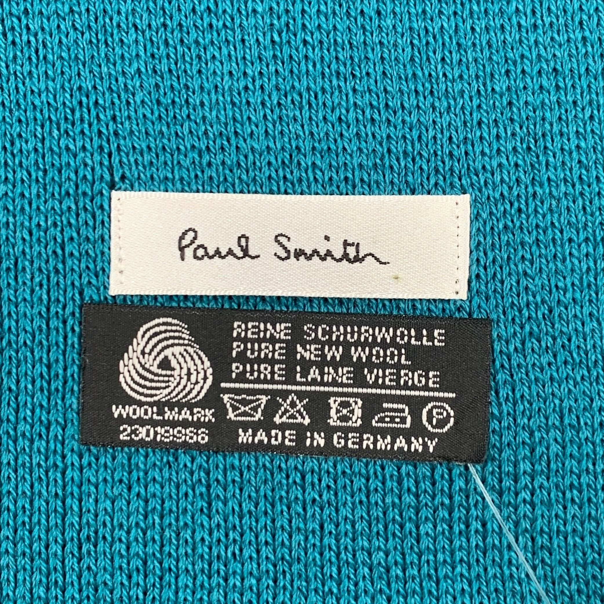 PAUL SMITH Blue Teal Knit Virgin Wool Fringe Scarf In Excellent Condition For Sale In San Francisco, CA