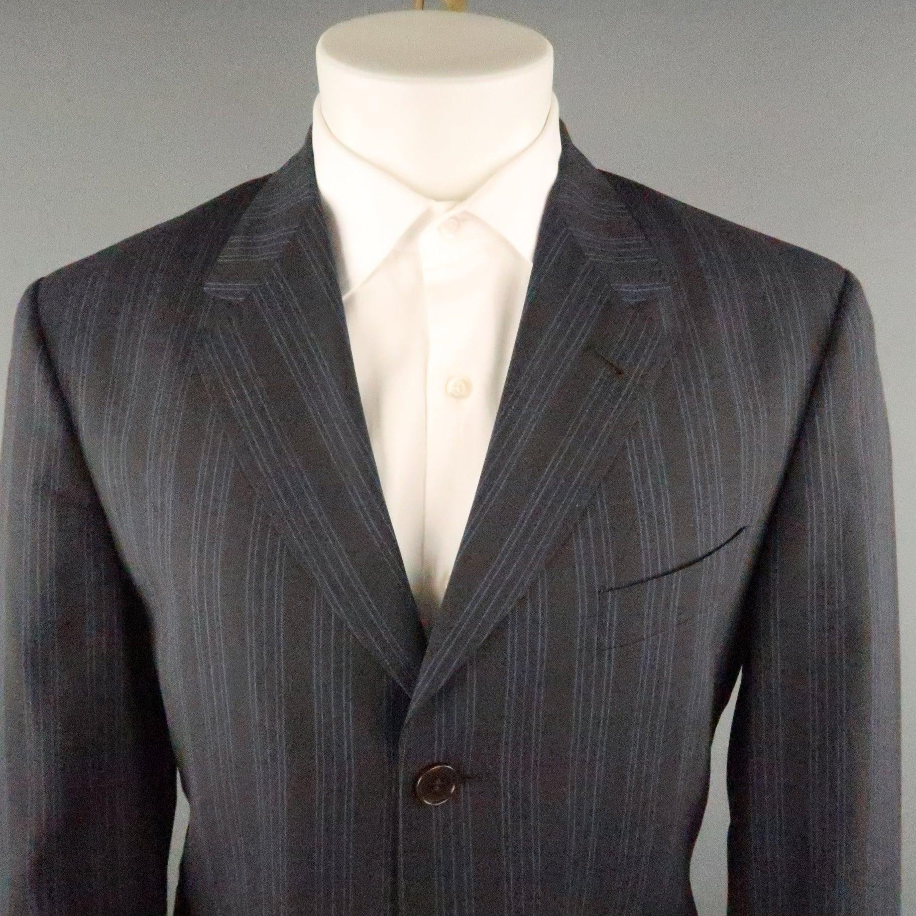 PAUL SMITH Chest Size 40 Gray & Blue Stripe Viscose Notch Lapel 34 30 Suit In Excellent Condition For Sale In San Francisco, CA