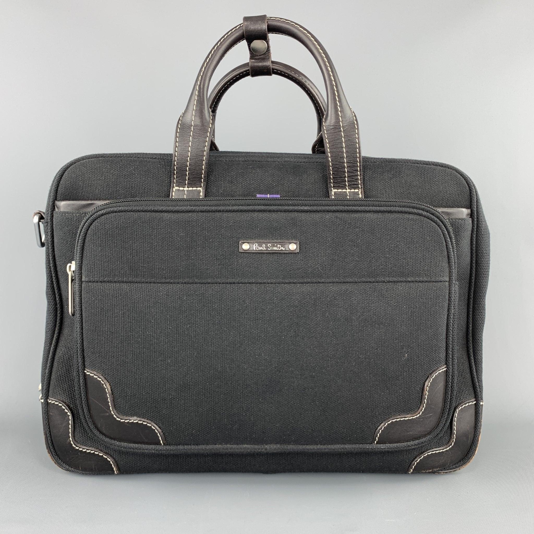 Men's PAUL SMITH Contrast Stitch Black Canvas Leather Trim Work Bag For Sale