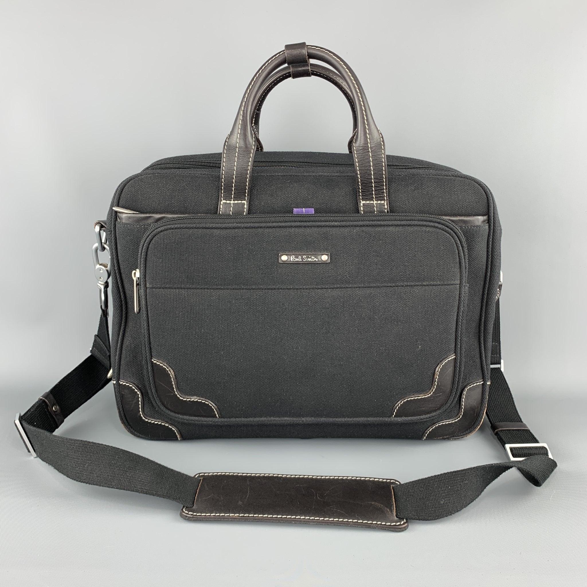 PAUL SMITH Contrast Stitch Black Canvas Leather Trim Work Bag For Sale 3