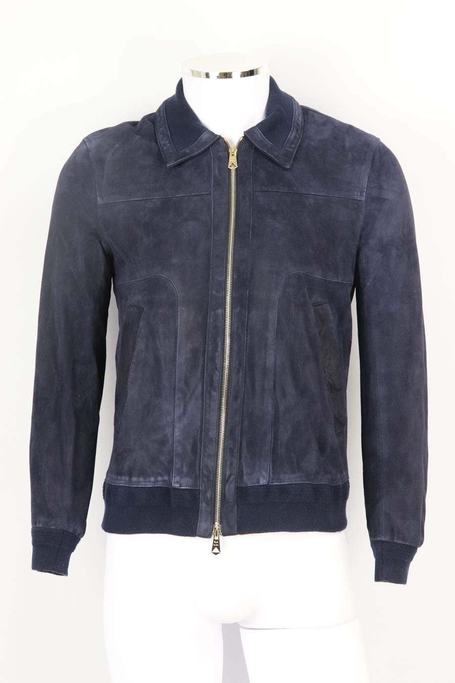 Paul Smith men's suede jacket. Blue. Long sleeve, crewneck. Zip fastening at front. 100% Leather; lining: 100% cupro. Size: XSmall (IT 44, EU 44 UK/US Chest 34). Shoulder to shoulder: 16 in. Bust 37 in. Waist: 37 in. Hips: 36 in. Length: 25 in. Very