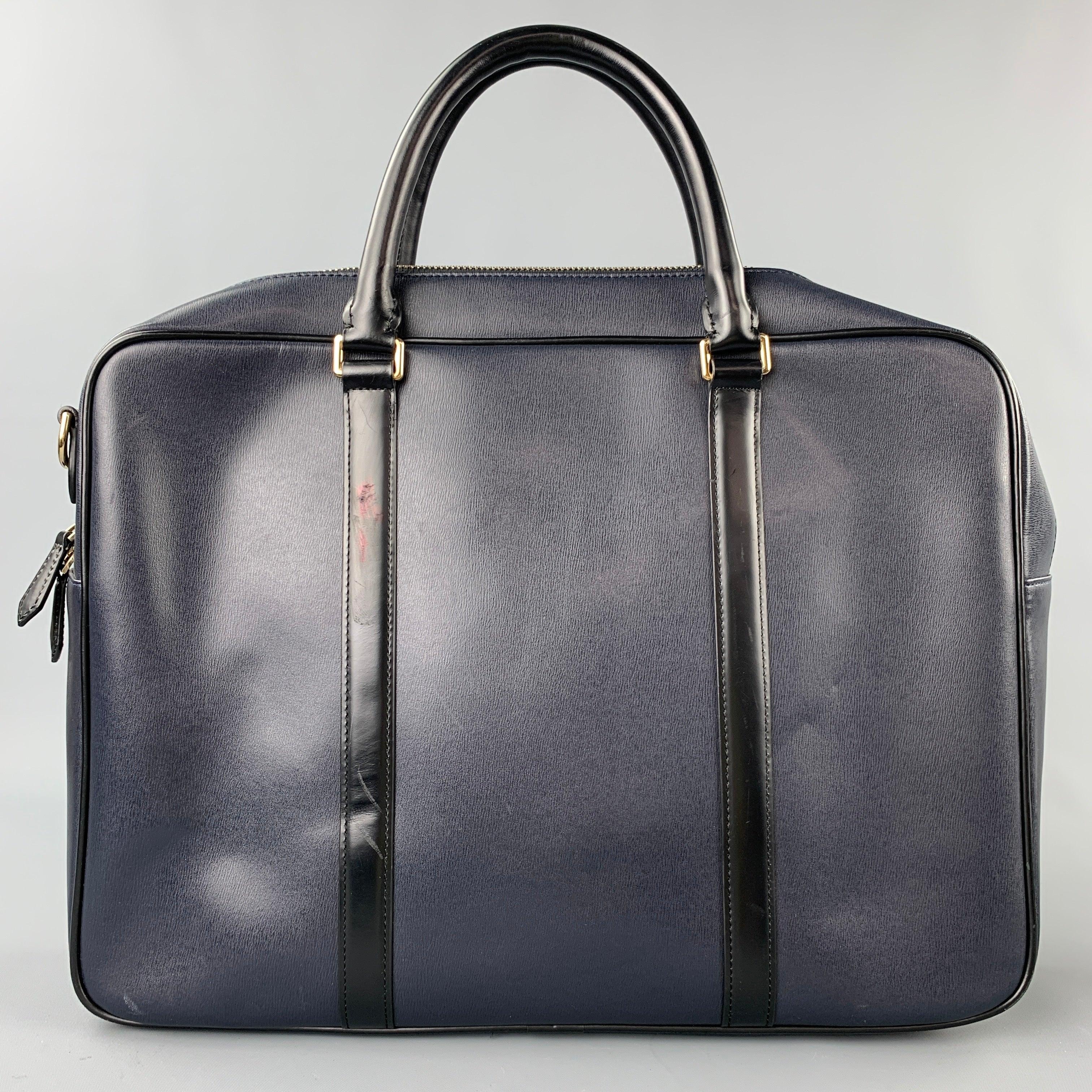 Men's PAUL SMITH Navy & Black Leather Shoulder Strap Briefcase Bag For Sale