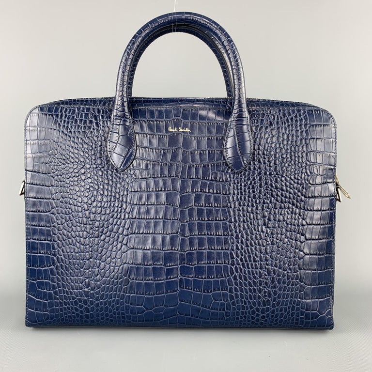 PAUL SMITH Navy Crocodile Embossed Leather Laptop Case Briefcase at 1stDibs