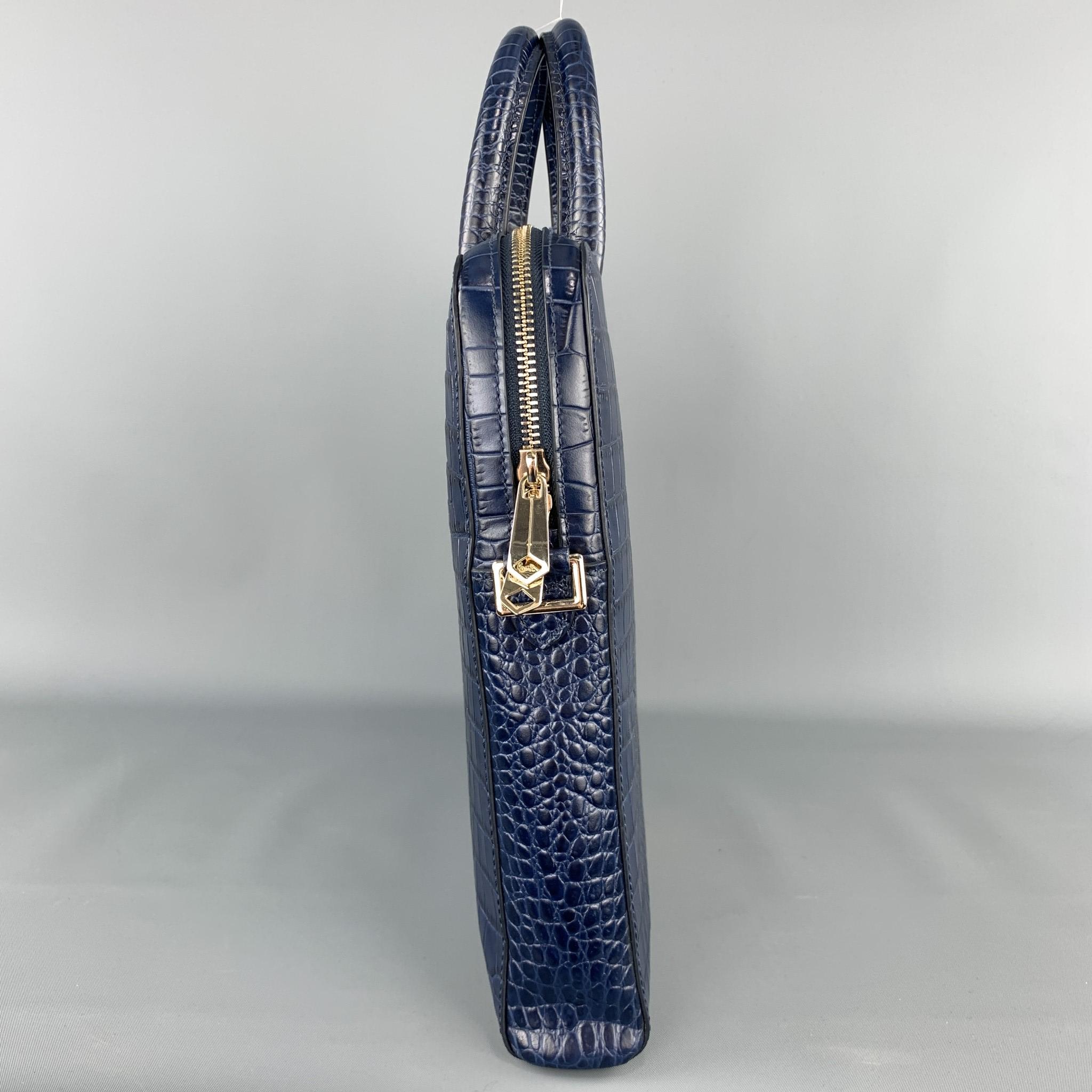 Black PAUL SMITH Navy Crocodile Embossed Leather Laptop Case Briefcase