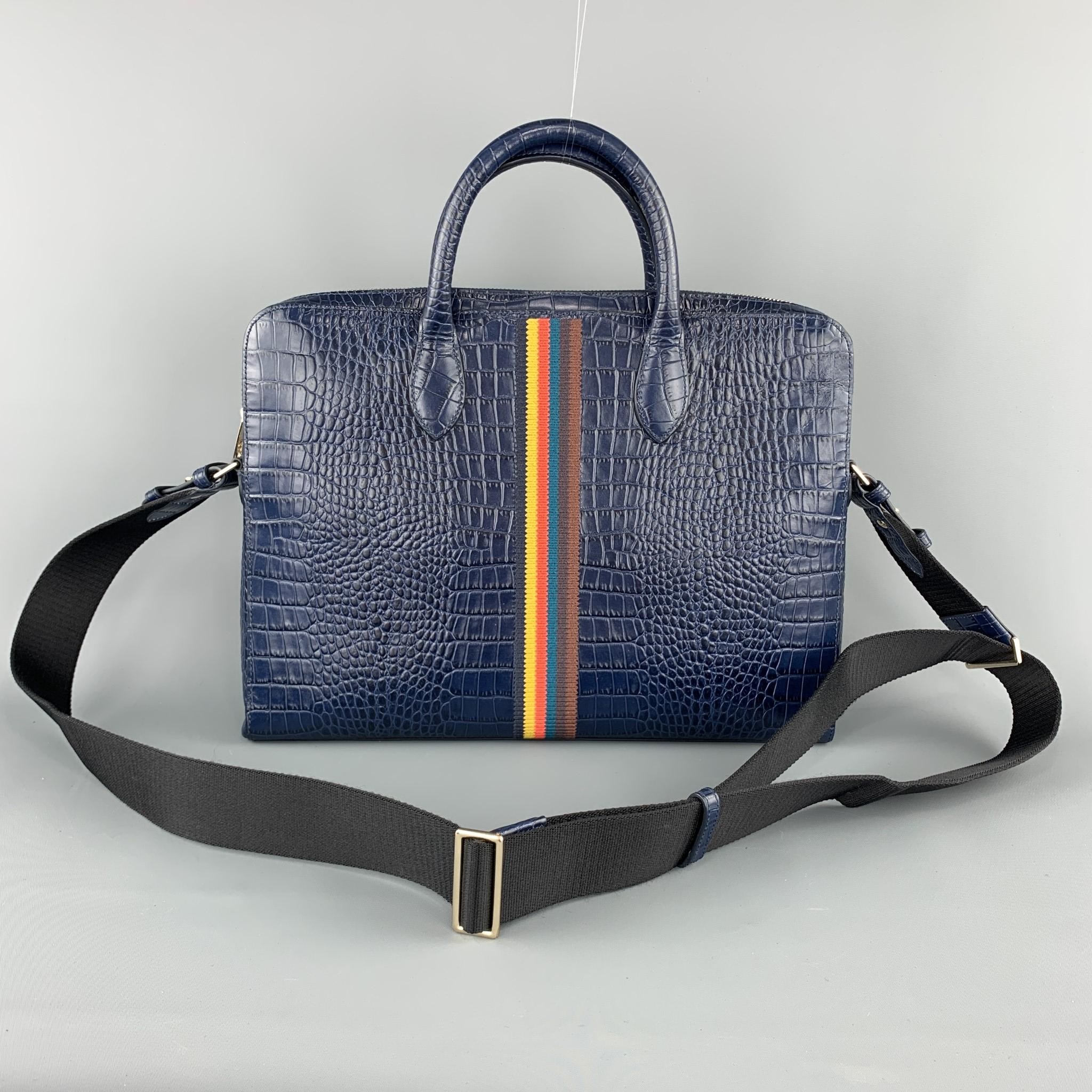 PAUL SMITH Navy Crocodile Embossed Leather Laptop Case Briefcase In Excellent Condition In San Francisco, CA