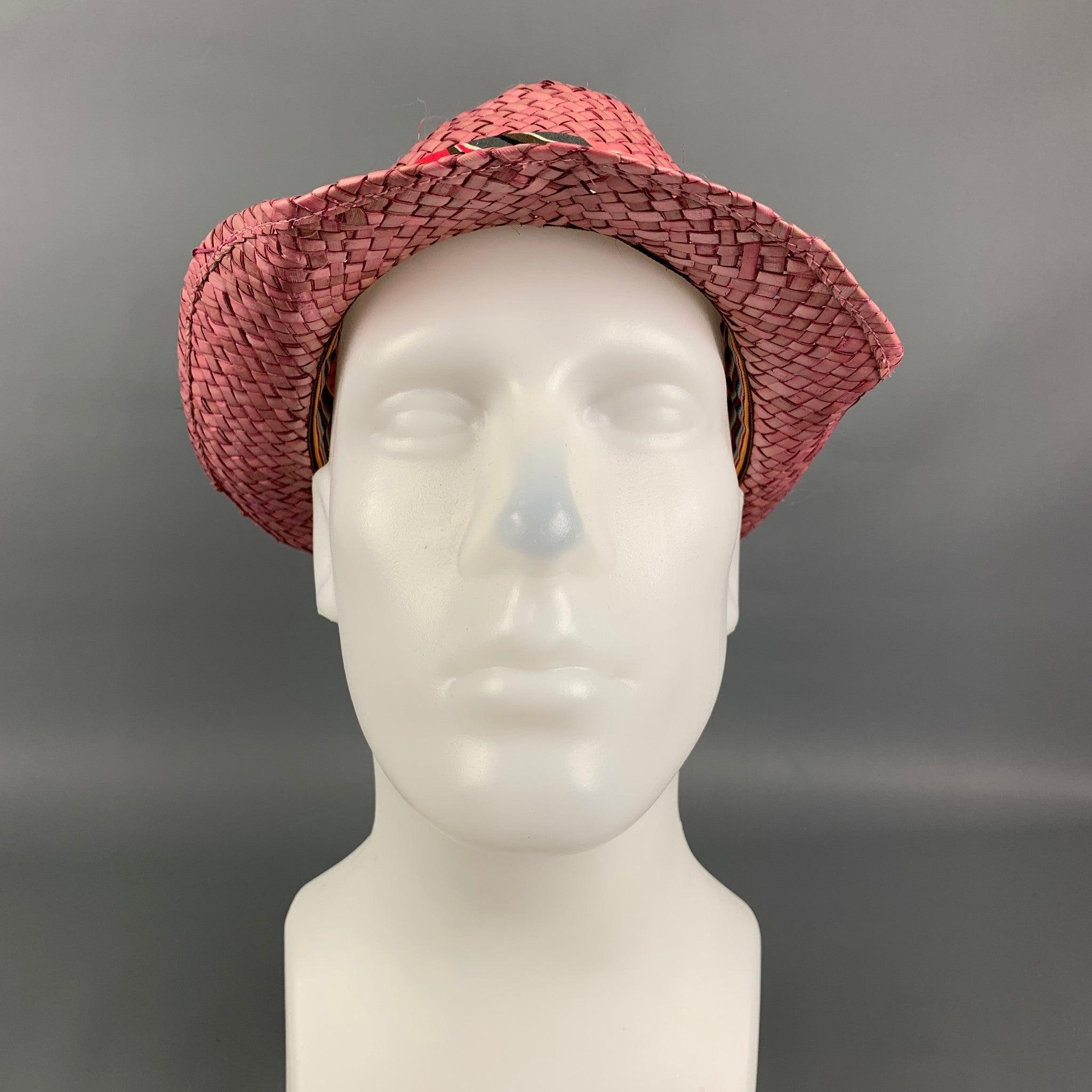 PAUL SMITH Pink Woven Straw Floral Band Hat In Good Condition For Sale In San Francisco, CA