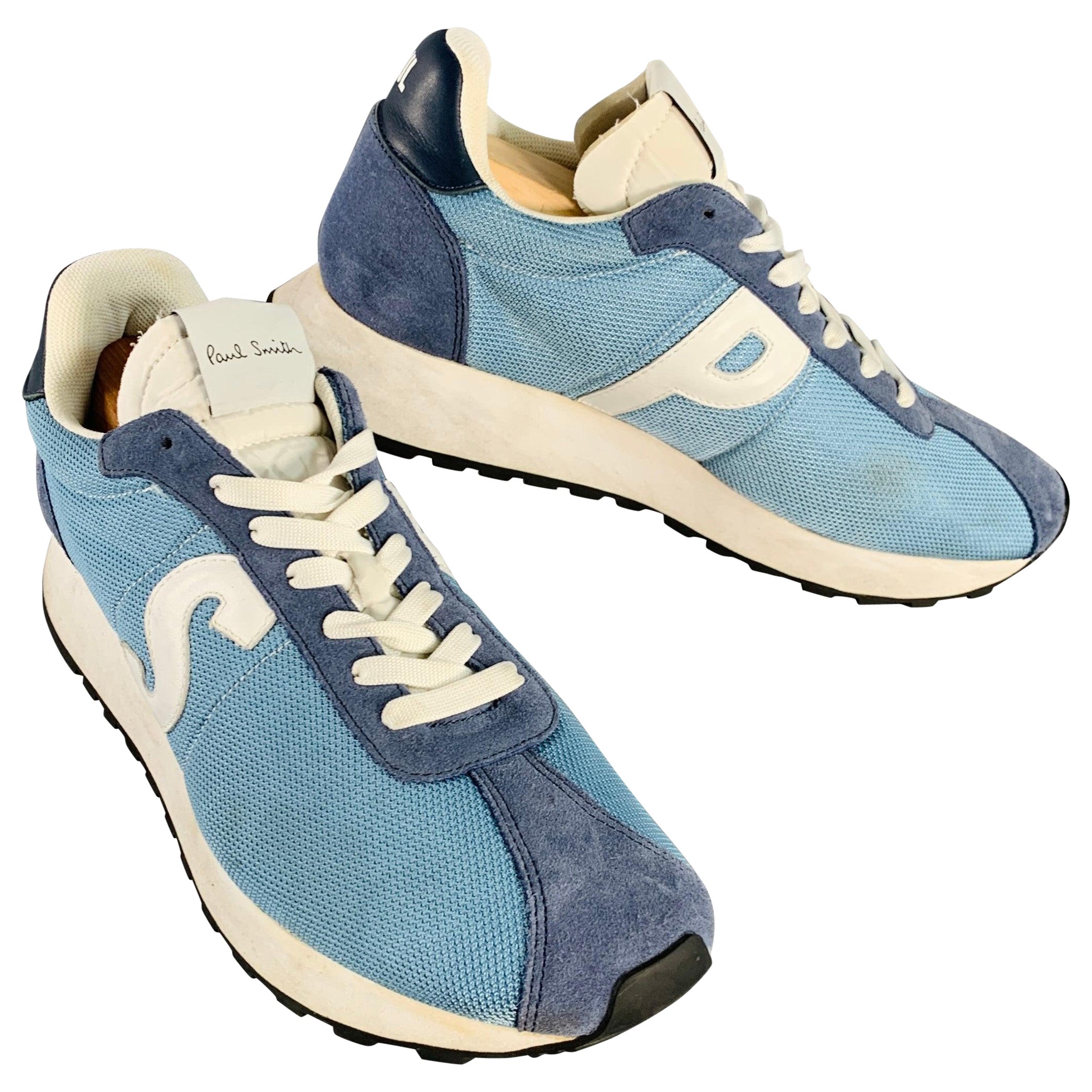 PAUL SMITH Größe 11 Blau Weiß Color Block Suede Mesh Lace-Up Sneakers im Angebot