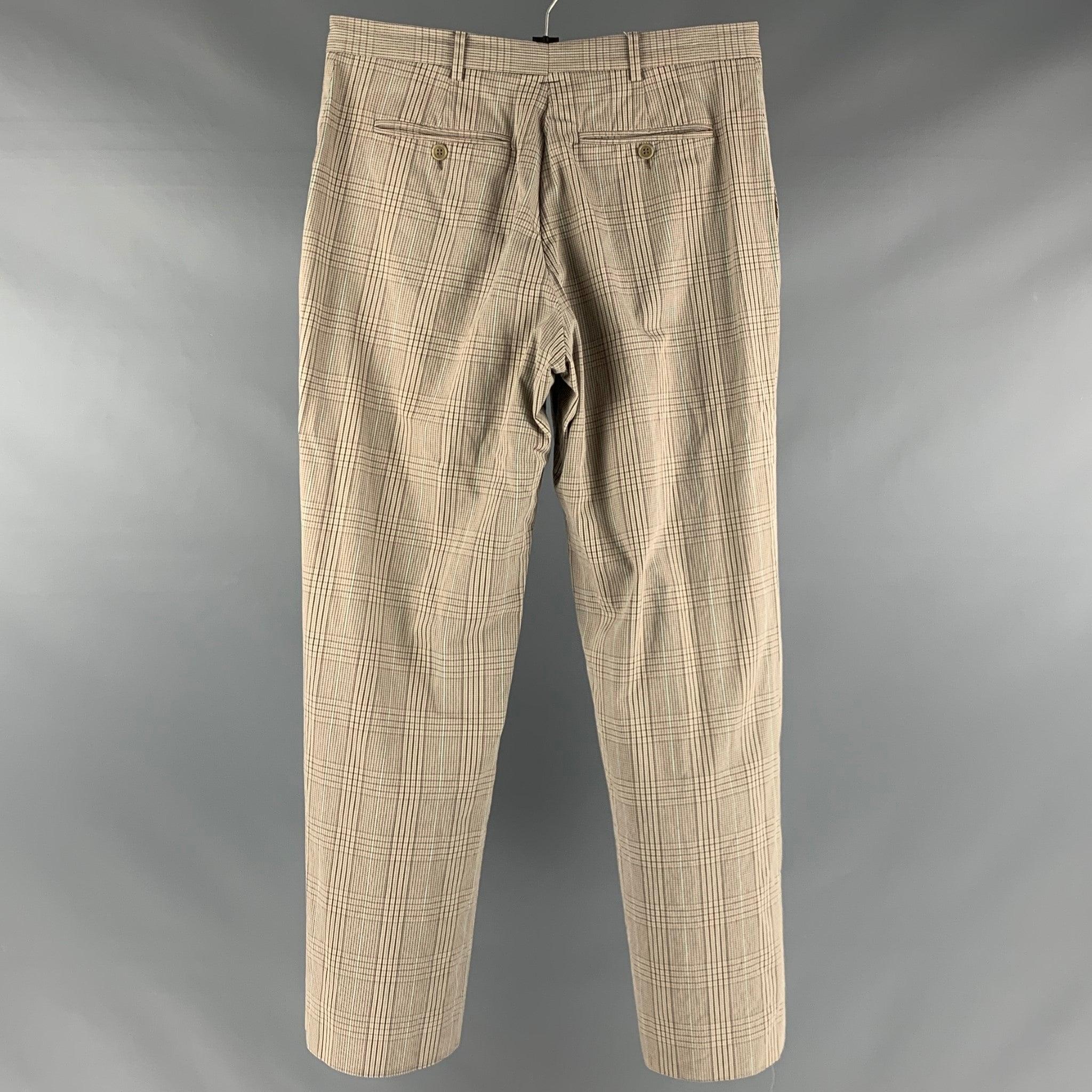 PAUL SMITH Size 30 Beige Brown Plaid Cotton Flat Front Dress Pants In Excellent Condition For Sale In San Francisco, CA