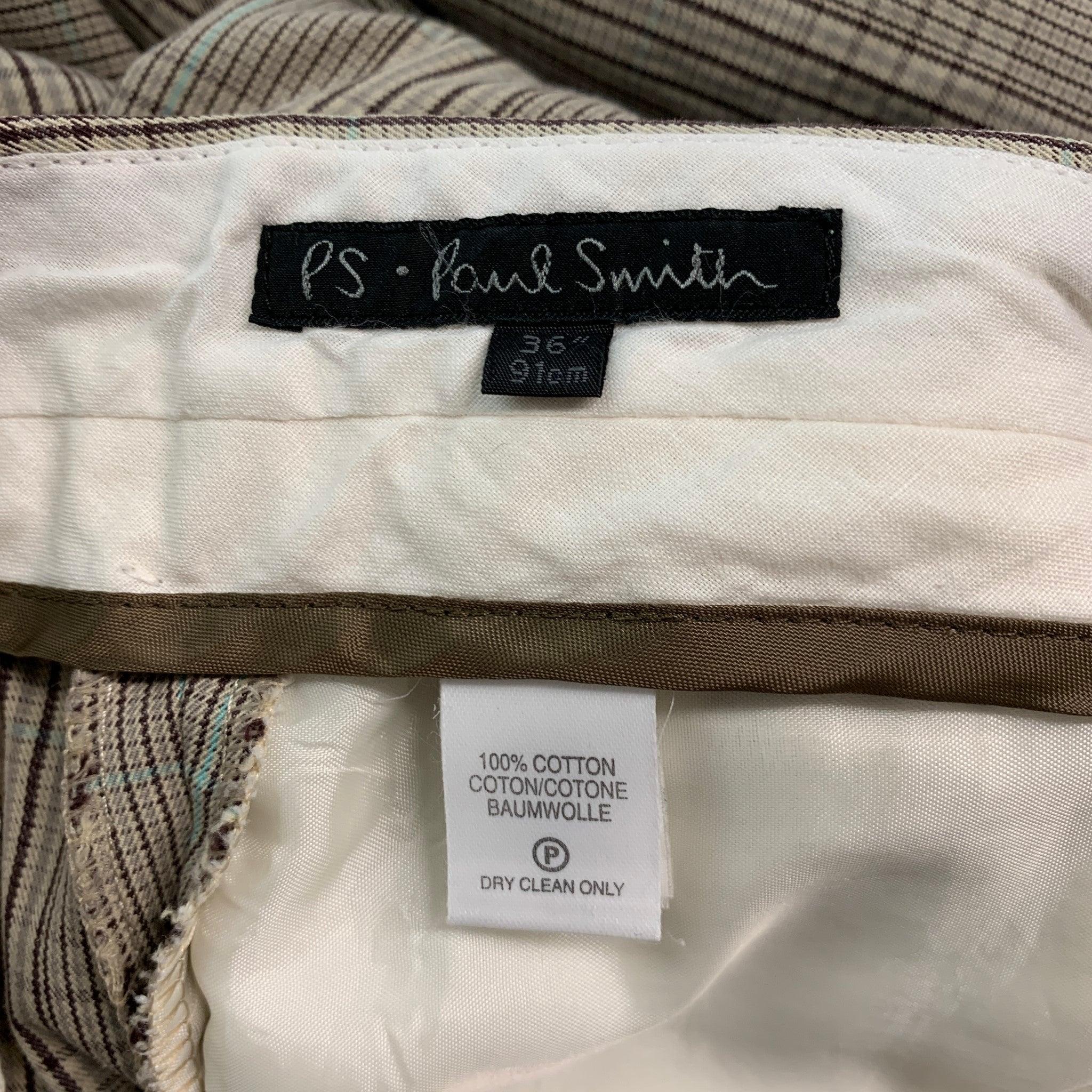 Men's PAUL SMITH Size 30 Beige Brown Plaid Cotton Flat Front Dress Pants For Sale