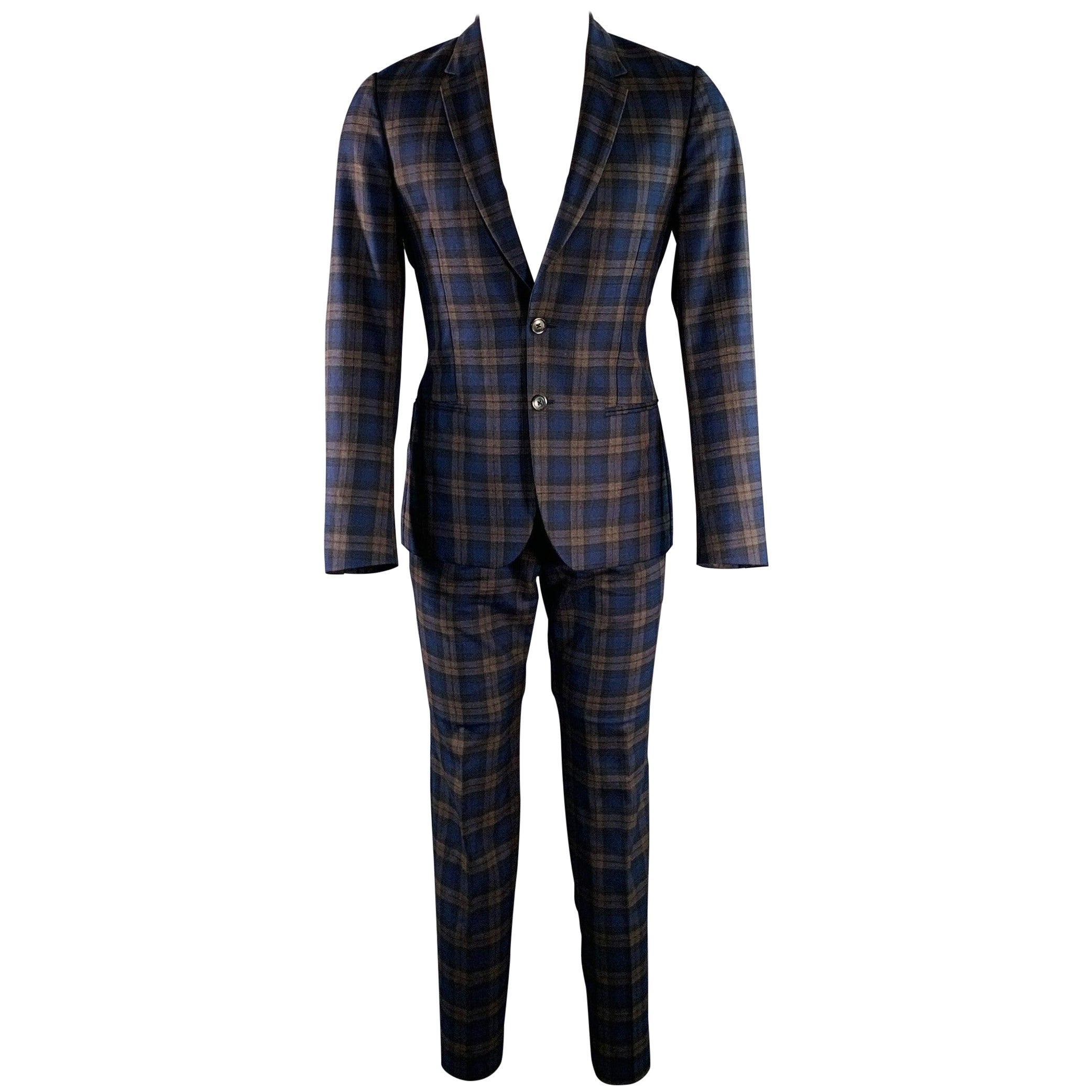 Pre-owned Paul Smith Size 38 Soho Navy Brown Plaid Wool Notch Lapel Suit In Blue