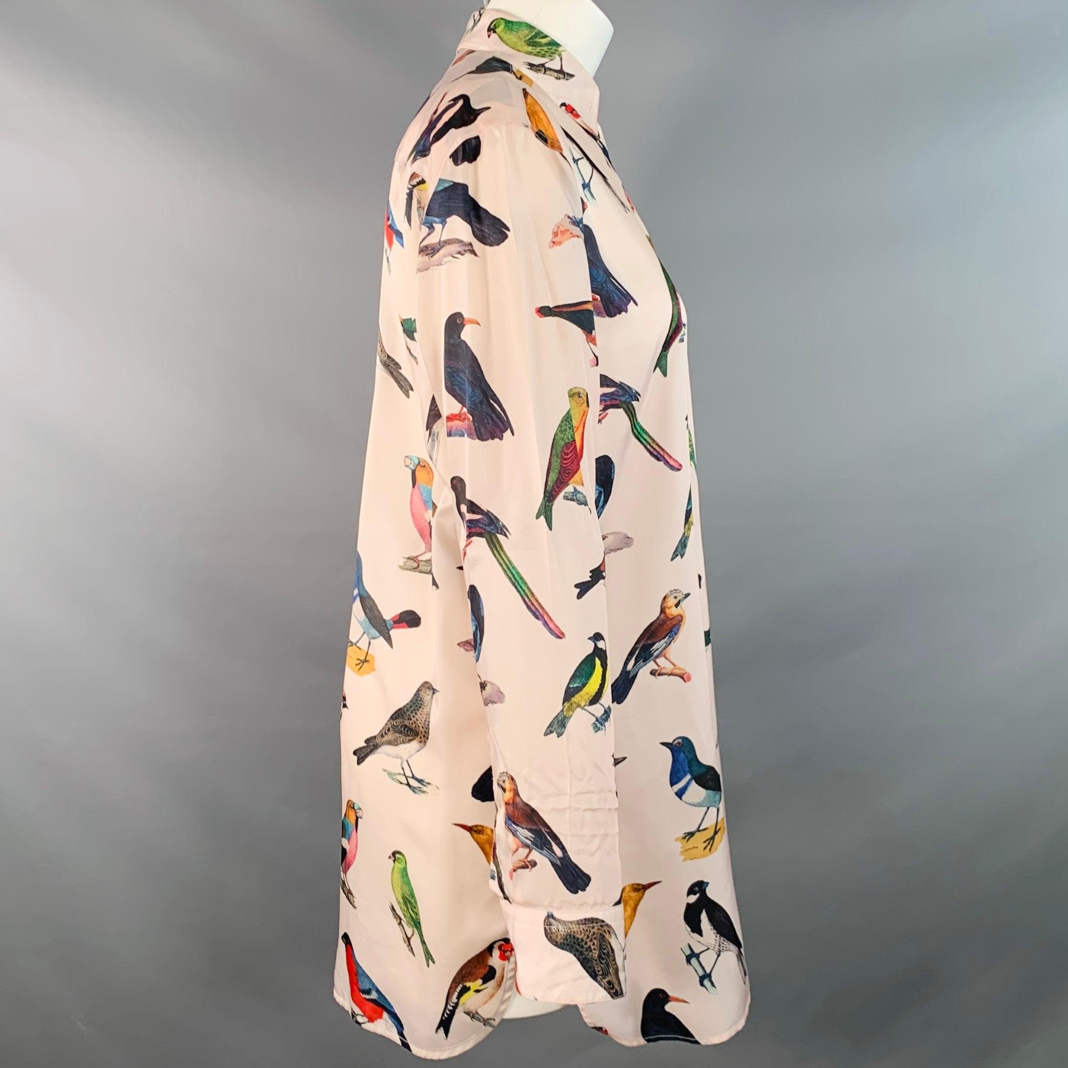 PAUL SMITH Talla 4 Camisa Cupro Rosa Multicolor Aves Cuello Extendido Beige en venta