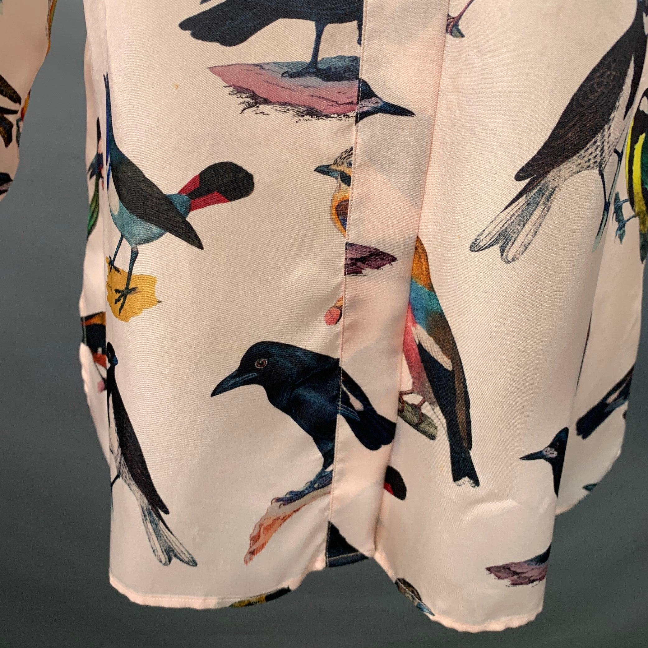 PAUL SMITH Talla 4 Camisa Cupro Rosa Multicolor Aves Cuello Extendido en venta 1
