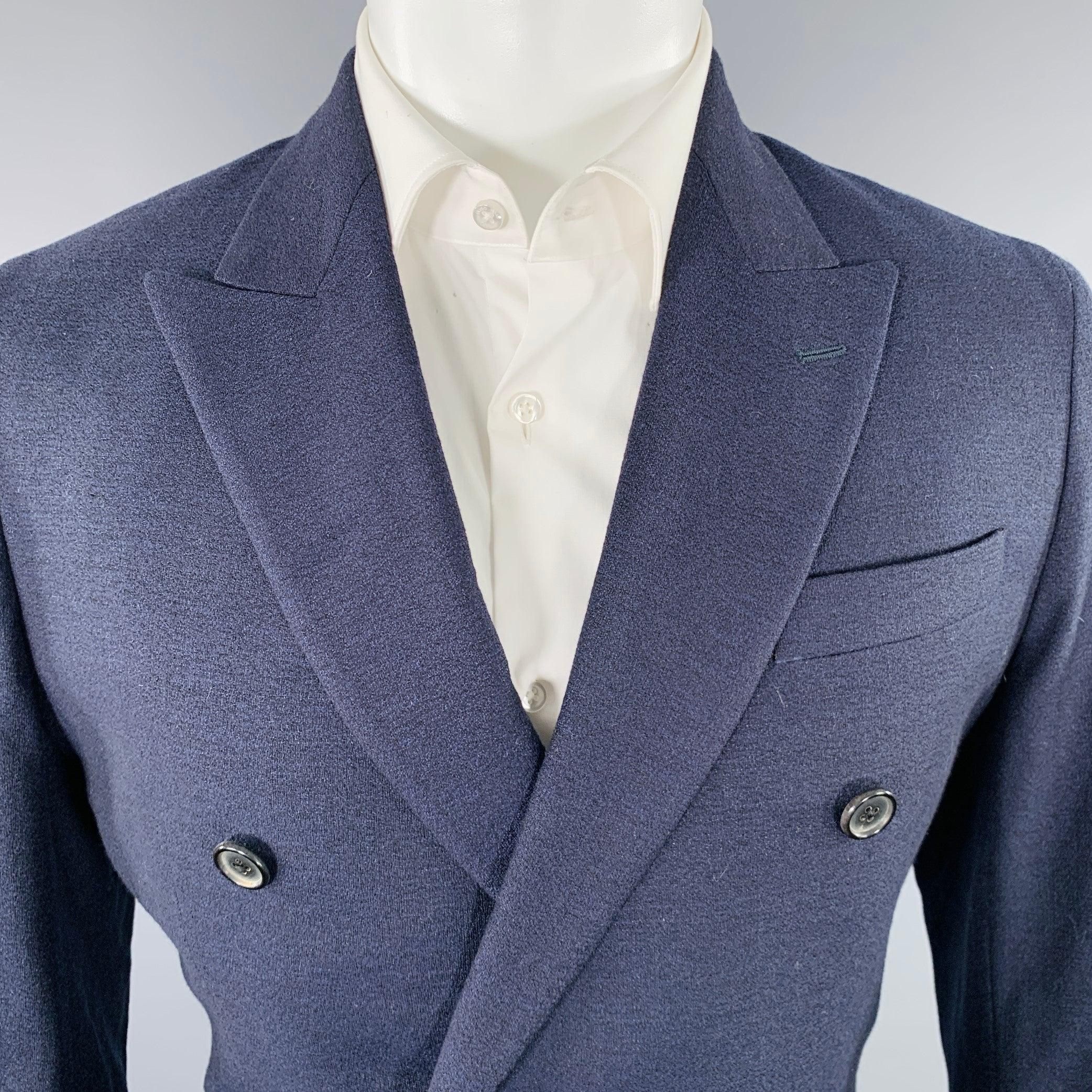 PAUL SMITH sport coat
in a navy wool linen blend fabric featuring a double breasted style, peak lapel, double vented back, and double button closure. Made in Italy.Excellent Pre-Owned Condition. 

Marked:   40/50 

Measurements: 
 
Shoulder: 15.5