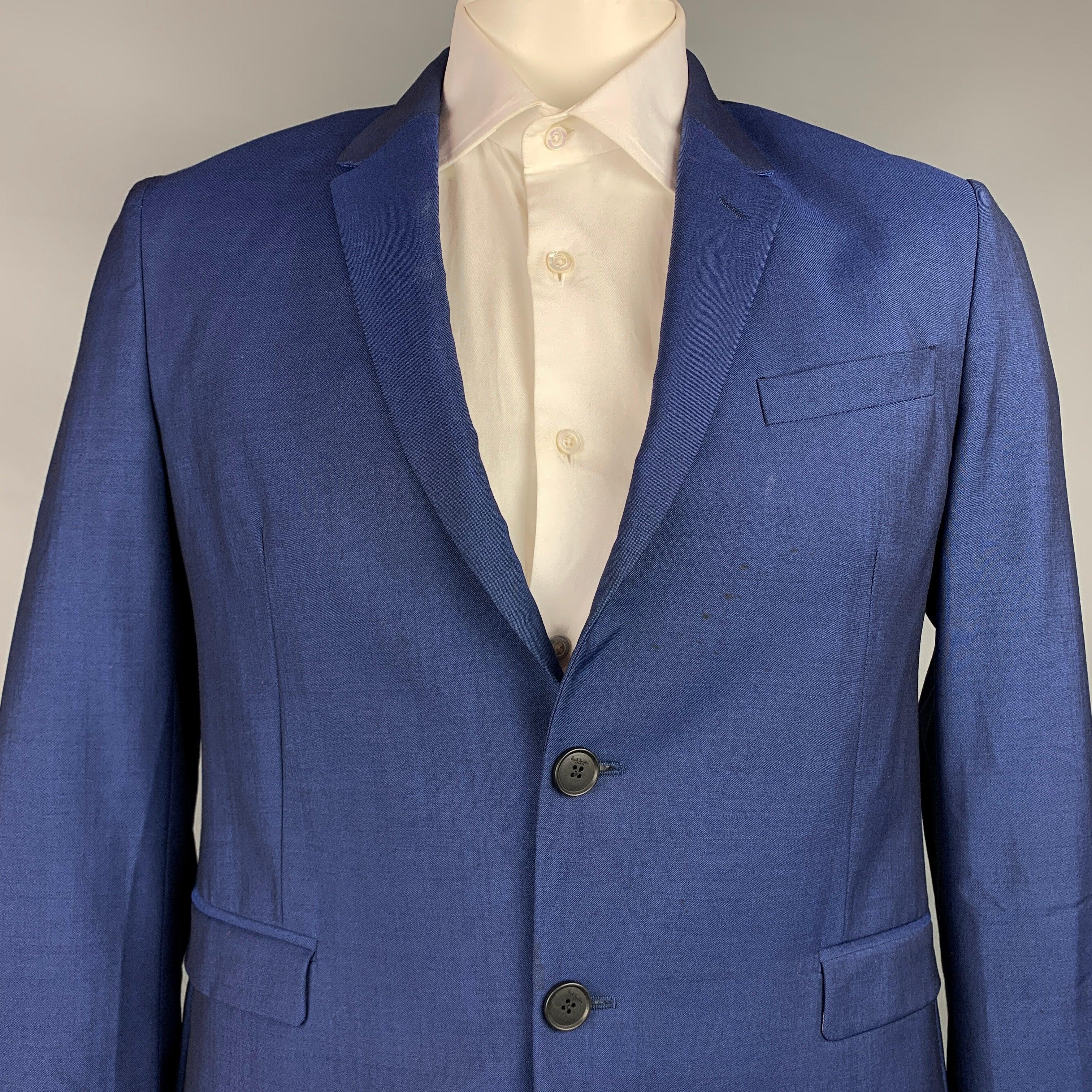 PAUL SMITH
sport coat comes in a blue wool / mohair with a full liner featuring a notch lapel, flap pockets, and a single button closure. Made in ItalyVery Good Pre-Owned Condition. 

Marked:   42 

Measurements: 
 
Shoulder: 17.5 inches  Chest: 41