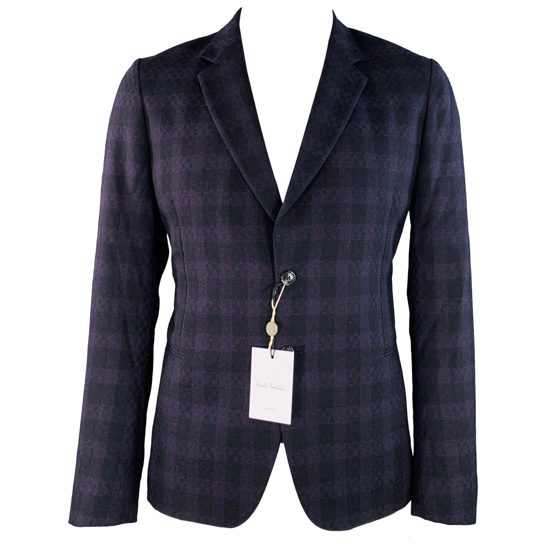 Paul Smith Taglia 44 Soho Purple Black Plaid Wool Notch Lapel Sport Coat