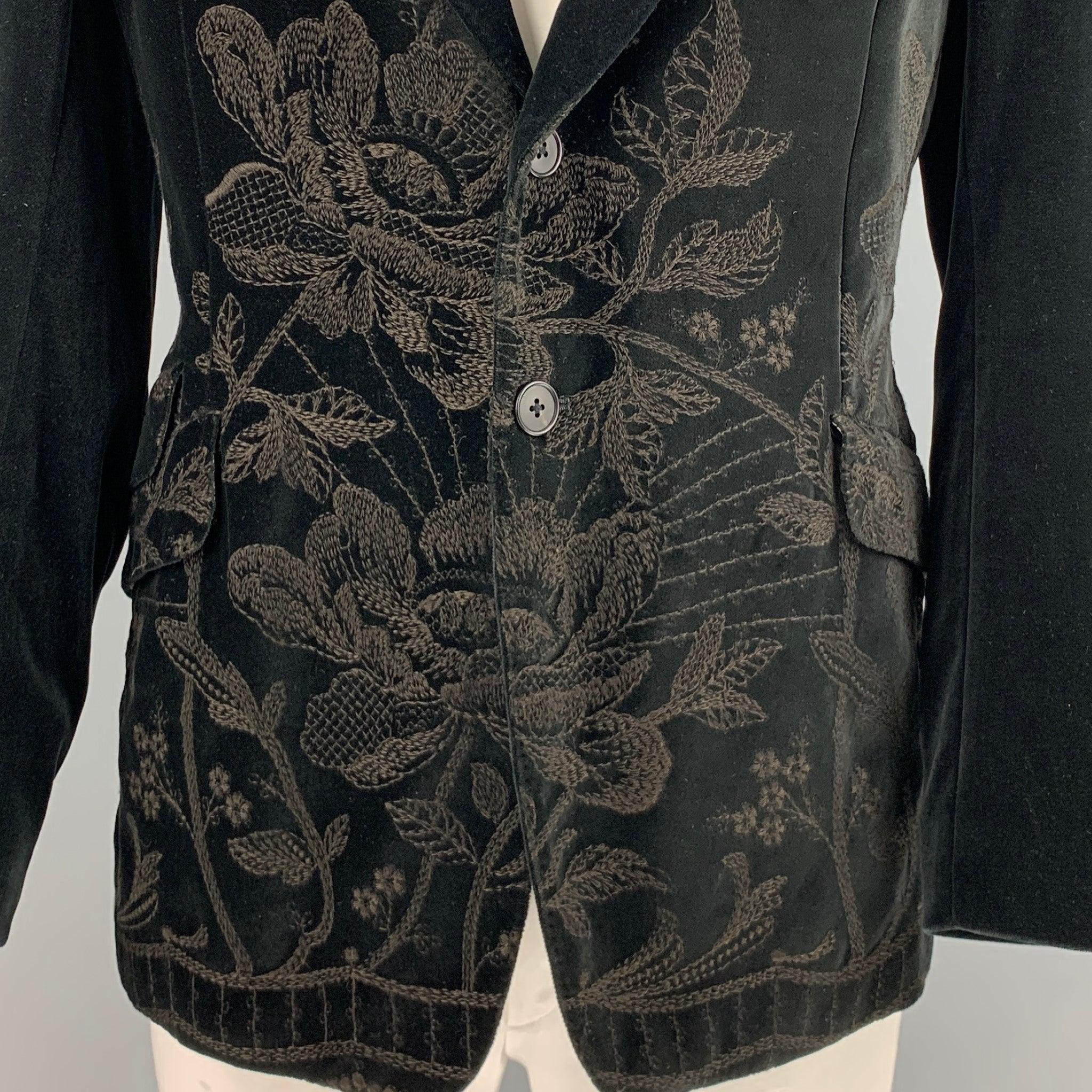 Men's PAUL SMITH Size 46 Black Brown Embroidery Velvet Notch Lapel Sport Coat For Sale