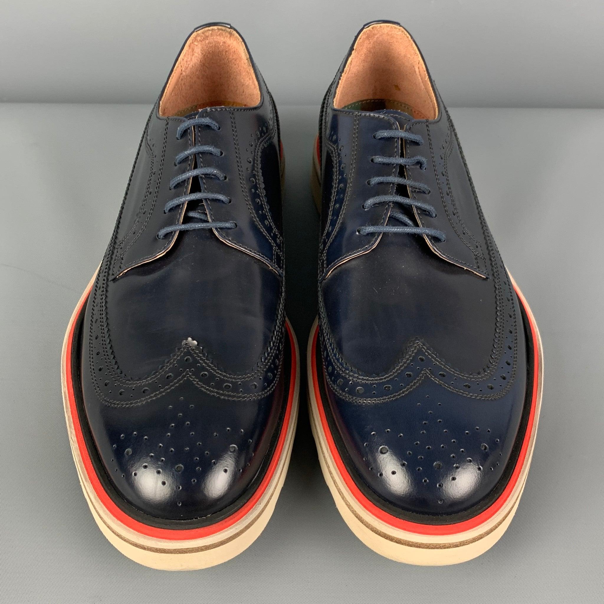 Men's PAUL SMITH Size 7.5 Navy White Perforated Leather Wingtip Lace Up Shoes For Sale