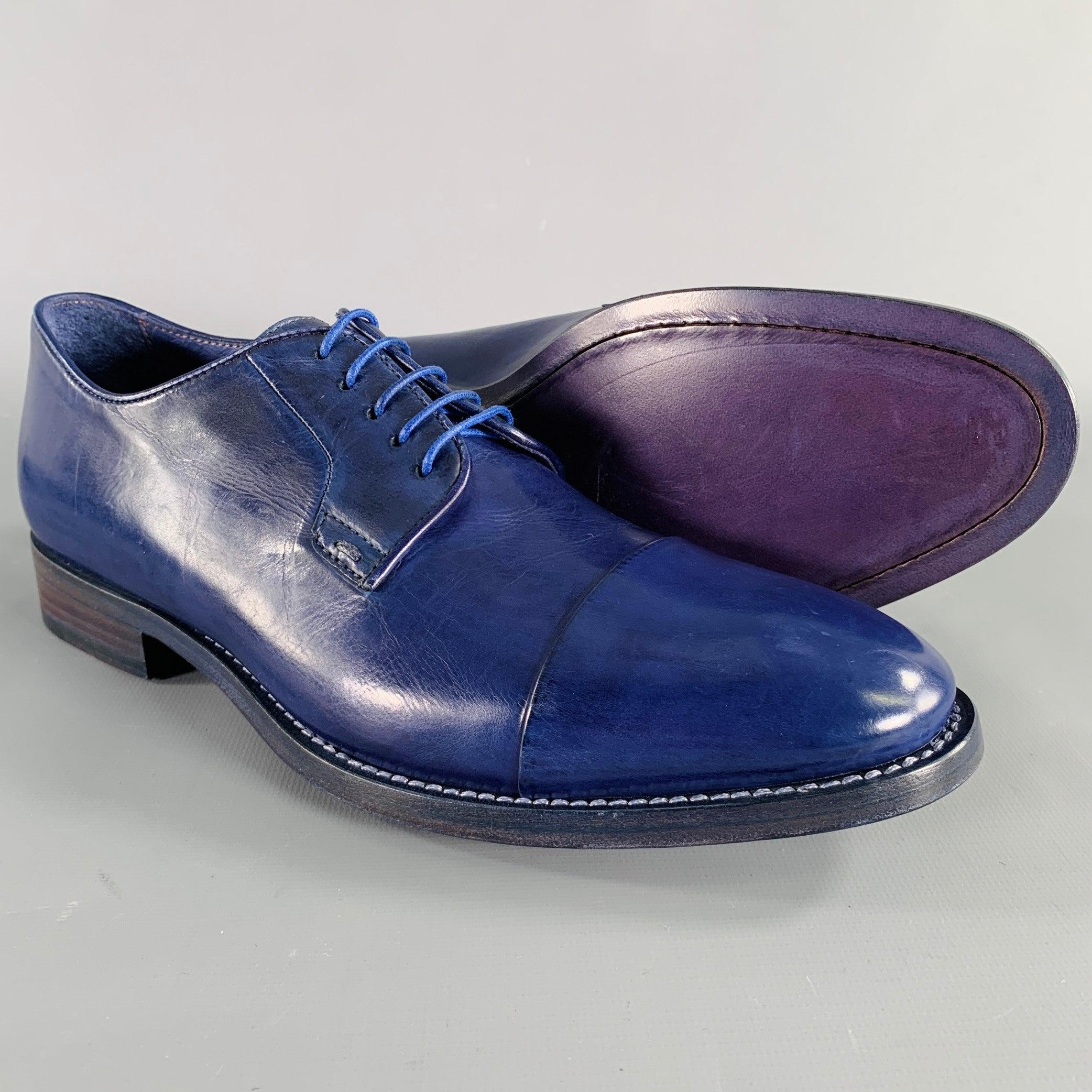 PAUL SMITH Size 8 Blue Leather Cap Toe Derby Lace-Up Shoes For Sale 1