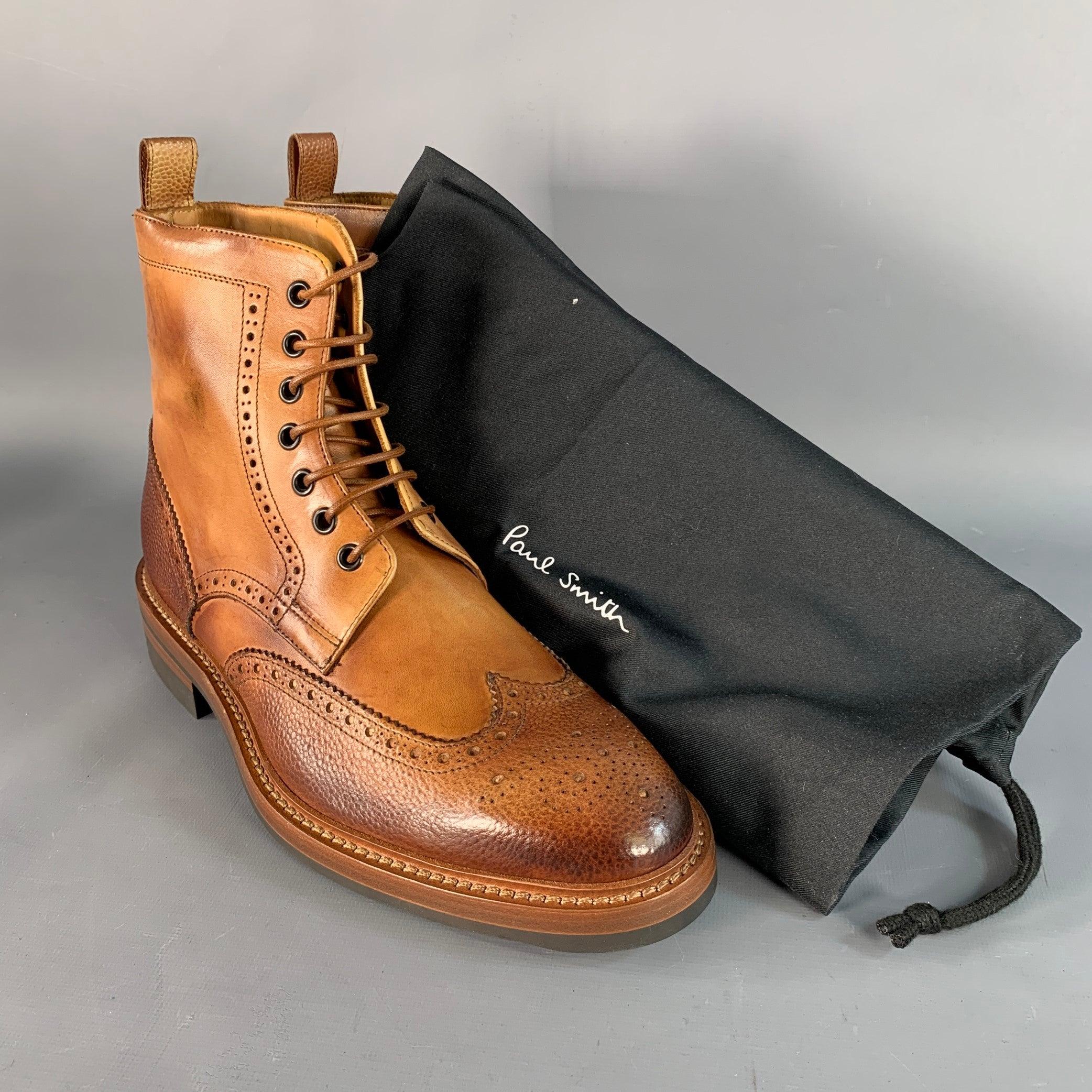 PAUL SMITH Taille 8 Tan Brown Antique Leather Wingtip Lace-Up Boots en vente 5