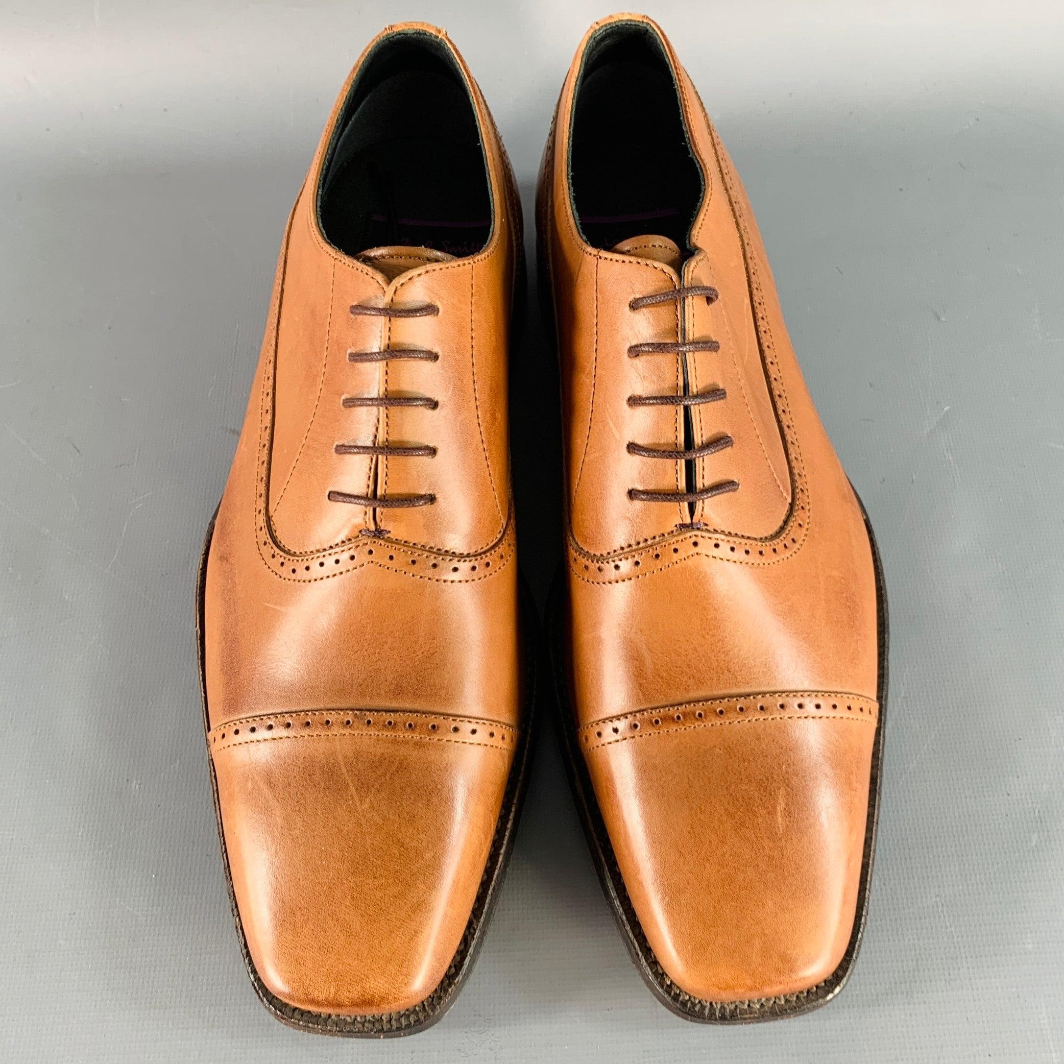 PAUL SMITH Taille 8 Cuir perforé Tan Oxford Cap Toe Lace-Up Shoes Excellent état - En vente à San Francisco, CA