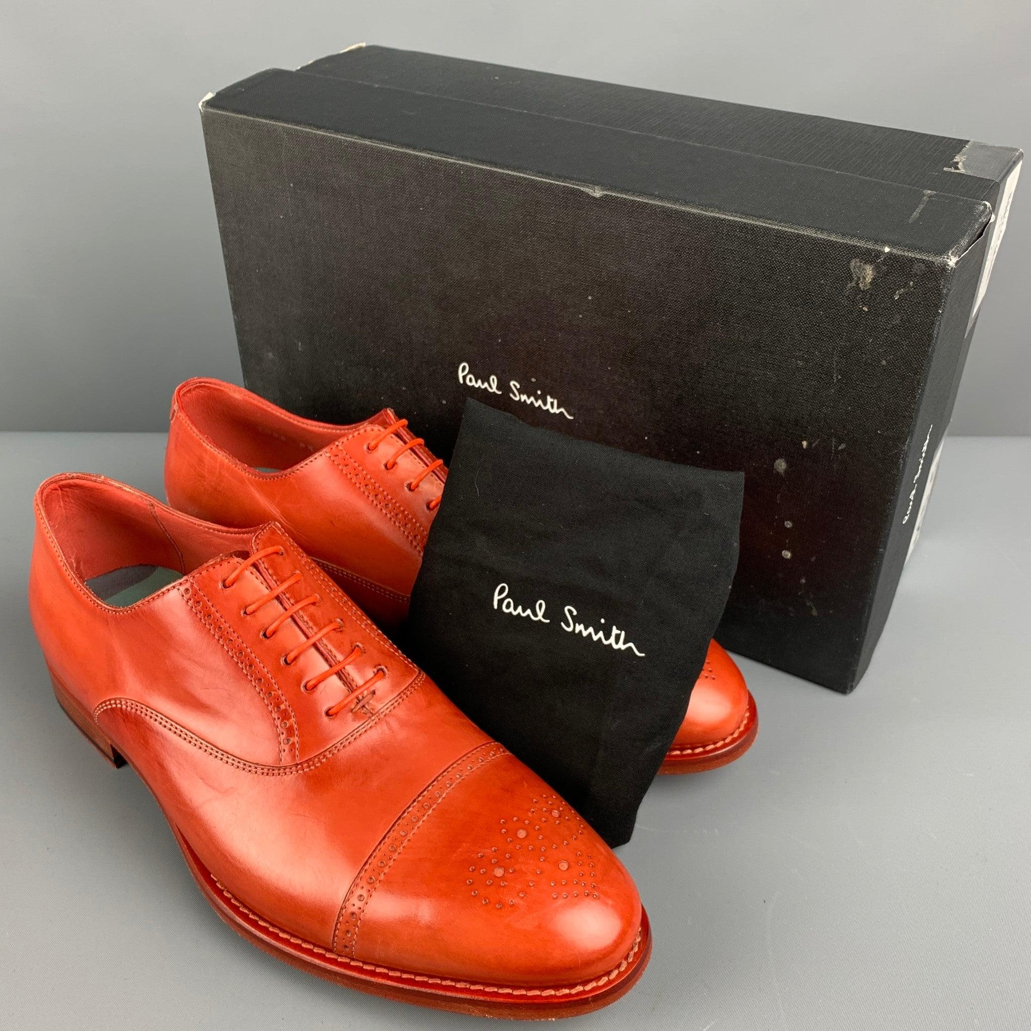 PAUL SMITH Size 8.5 Orange Perforated Leather Cap Toe Lace Up Shoes For Sale 5