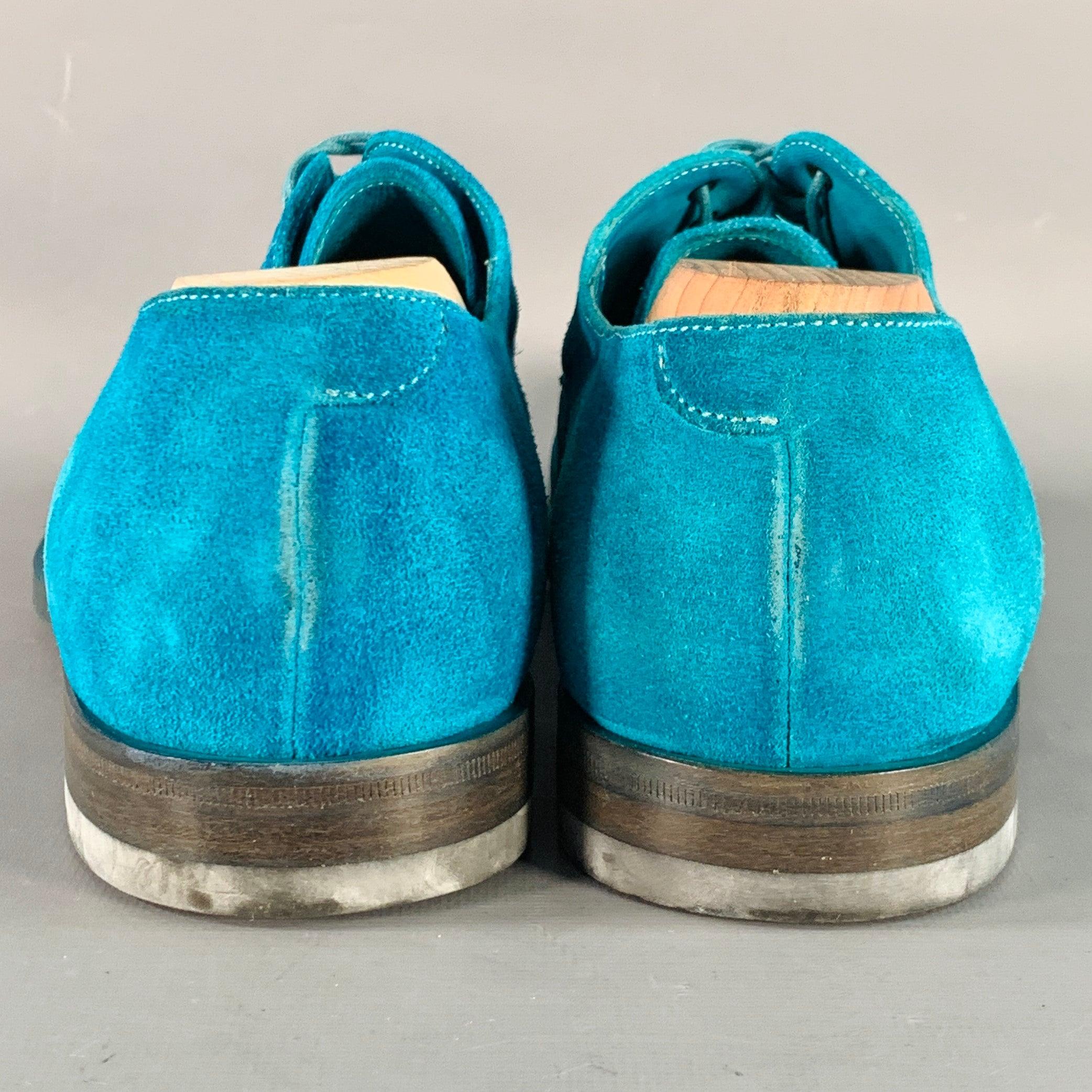 Bleu PAUL SMITH Taille 9 Aqua Perforated Suede Leather Cap Toe Lace-Up Shoes en vente