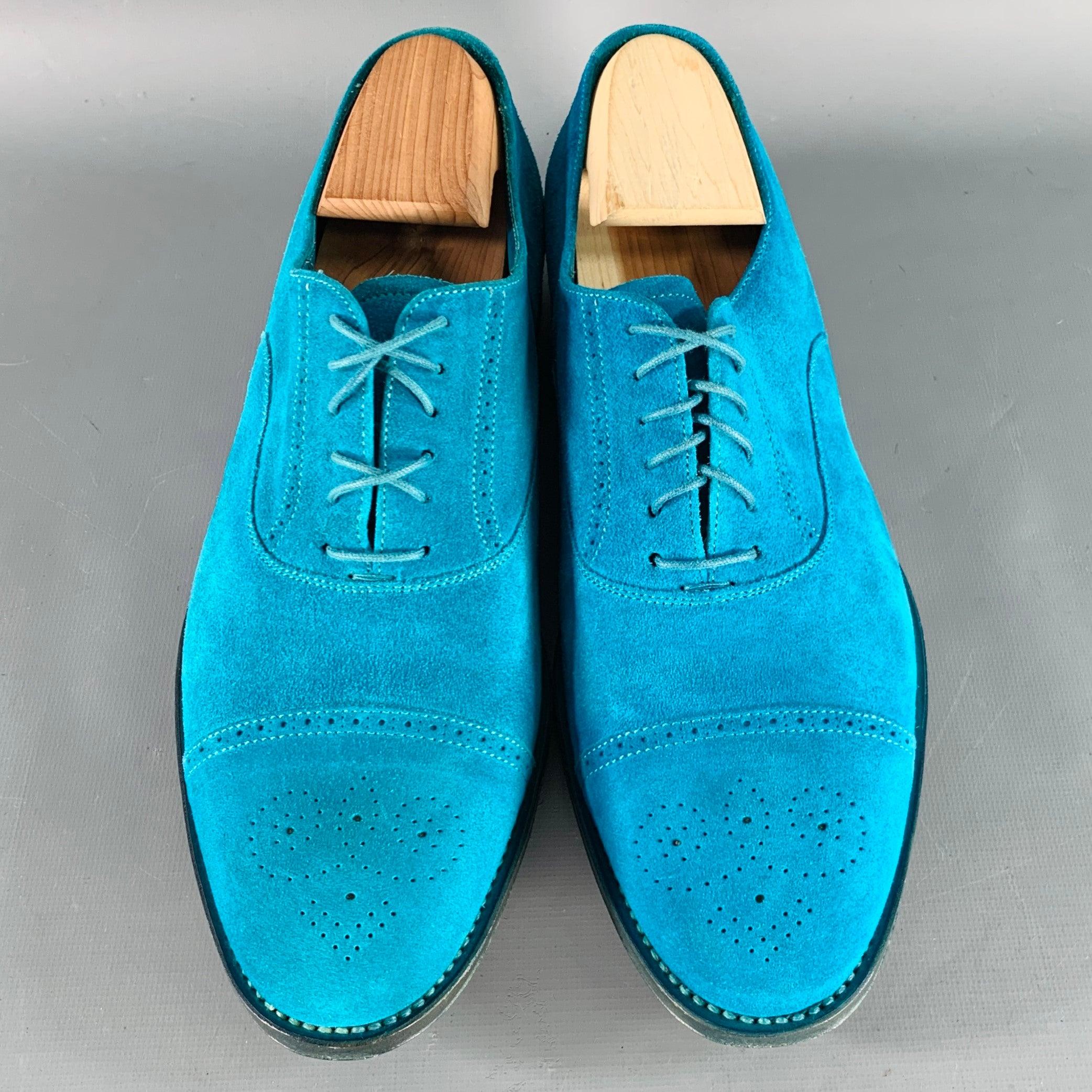 PAUL SMITH Taille 9 Aqua Perforated Suede Leather Cap Toe Lace-Up Shoes Bon état - En vente à San Francisco, CA