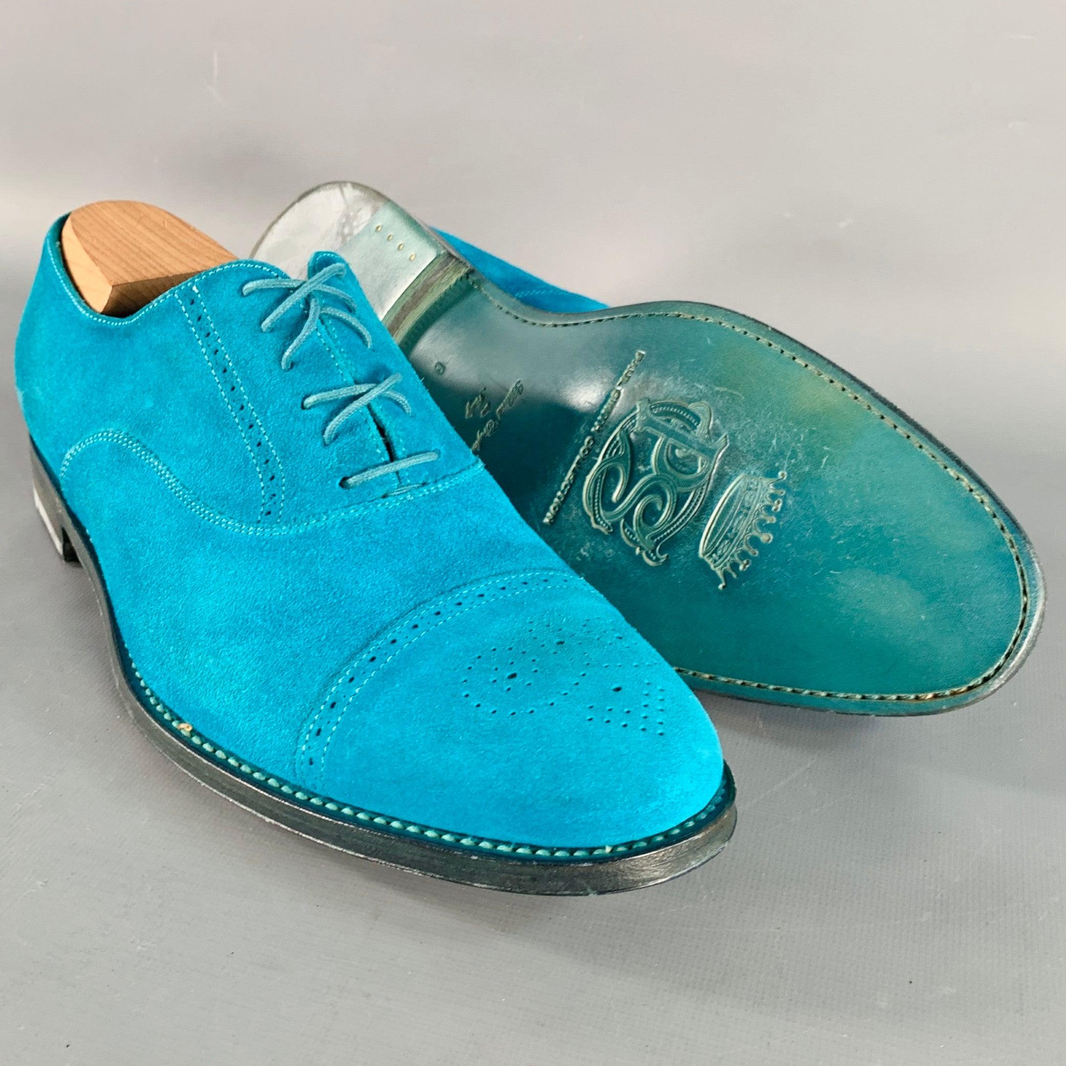 PAUL SMITH Taille 9 Aqua Perforated Suede Leather Cap Toe Lace-Up Shoes Pour hommes en vente