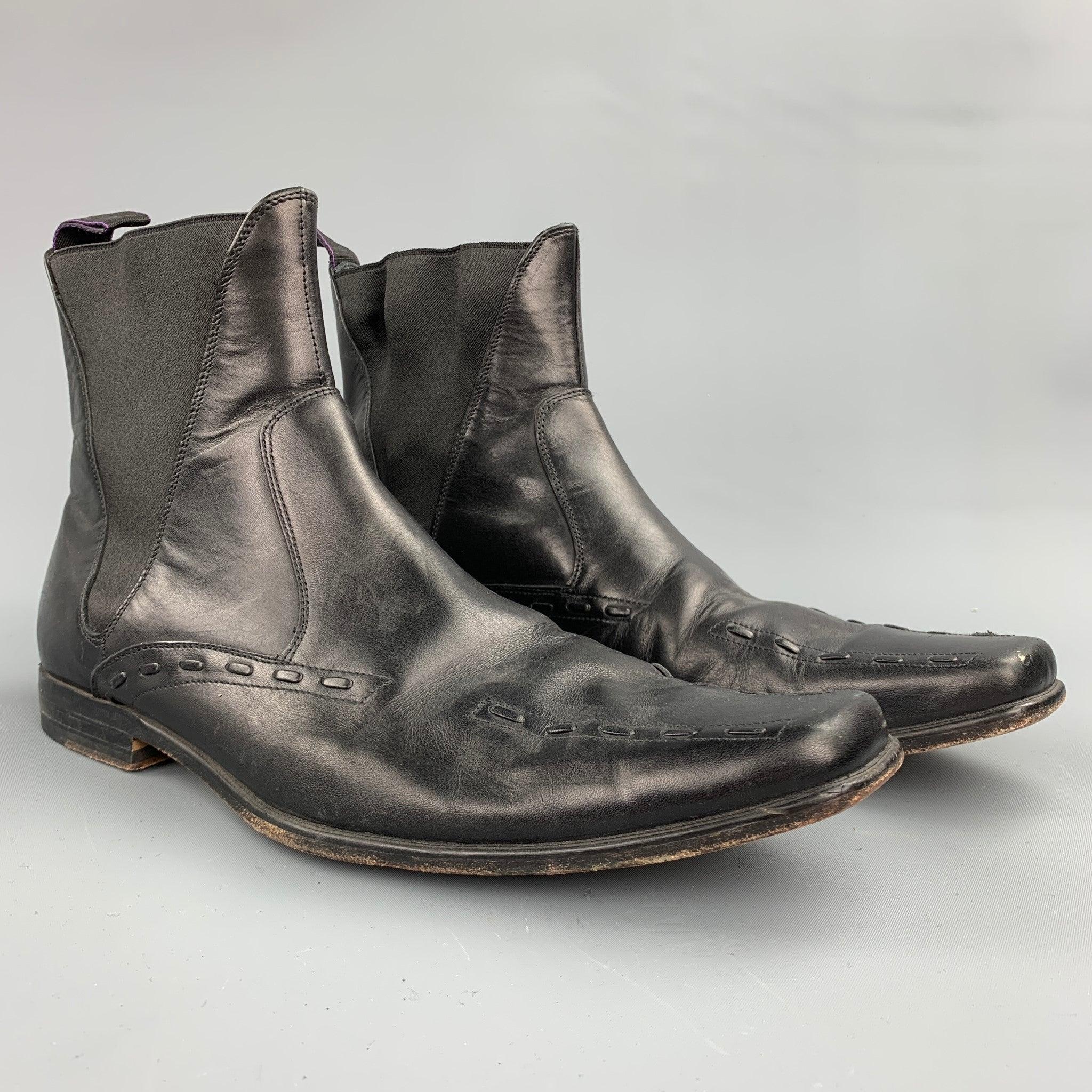 PAUL SMITH boots comes in a black leather with top stitching featuring a chelsea style, square toe, and a wooden sole. Minor wear.Good
Pre-Owned Condition. 

Marked:   43 B
 

Measurements: 
  
Width: 4 inches 
Length: 12.5 inches 
Height: 6.5