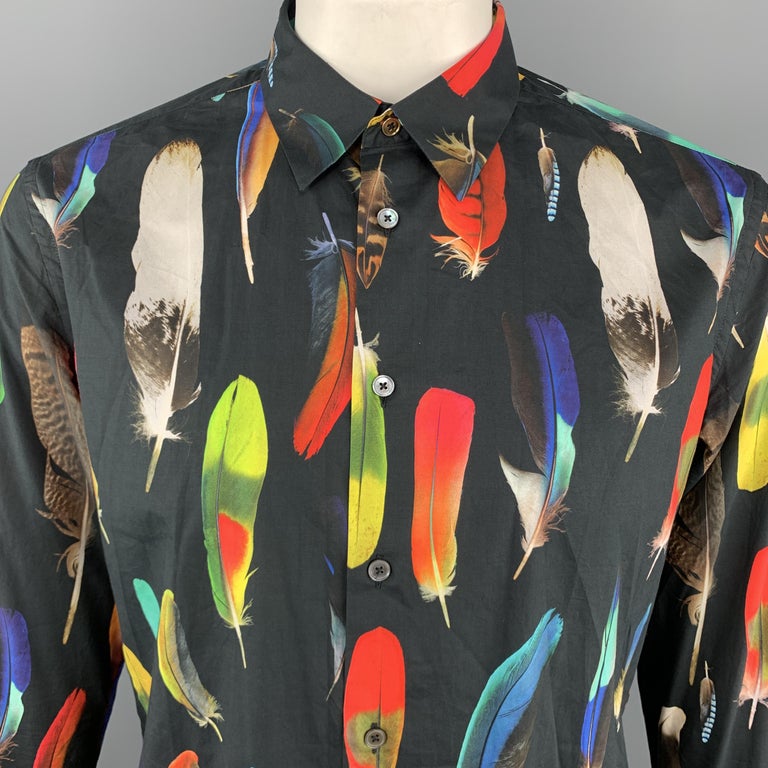 PAUL SMITH Size L Black Feathers Print Cotton Button Up Long Sleeve Shirt  at 1stDibs