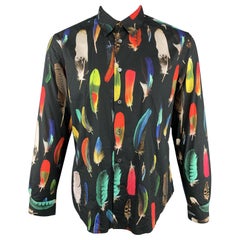 PAUL SMITH Size L Black Feathers Print Cotton Button Up Long Sleeve Shirt