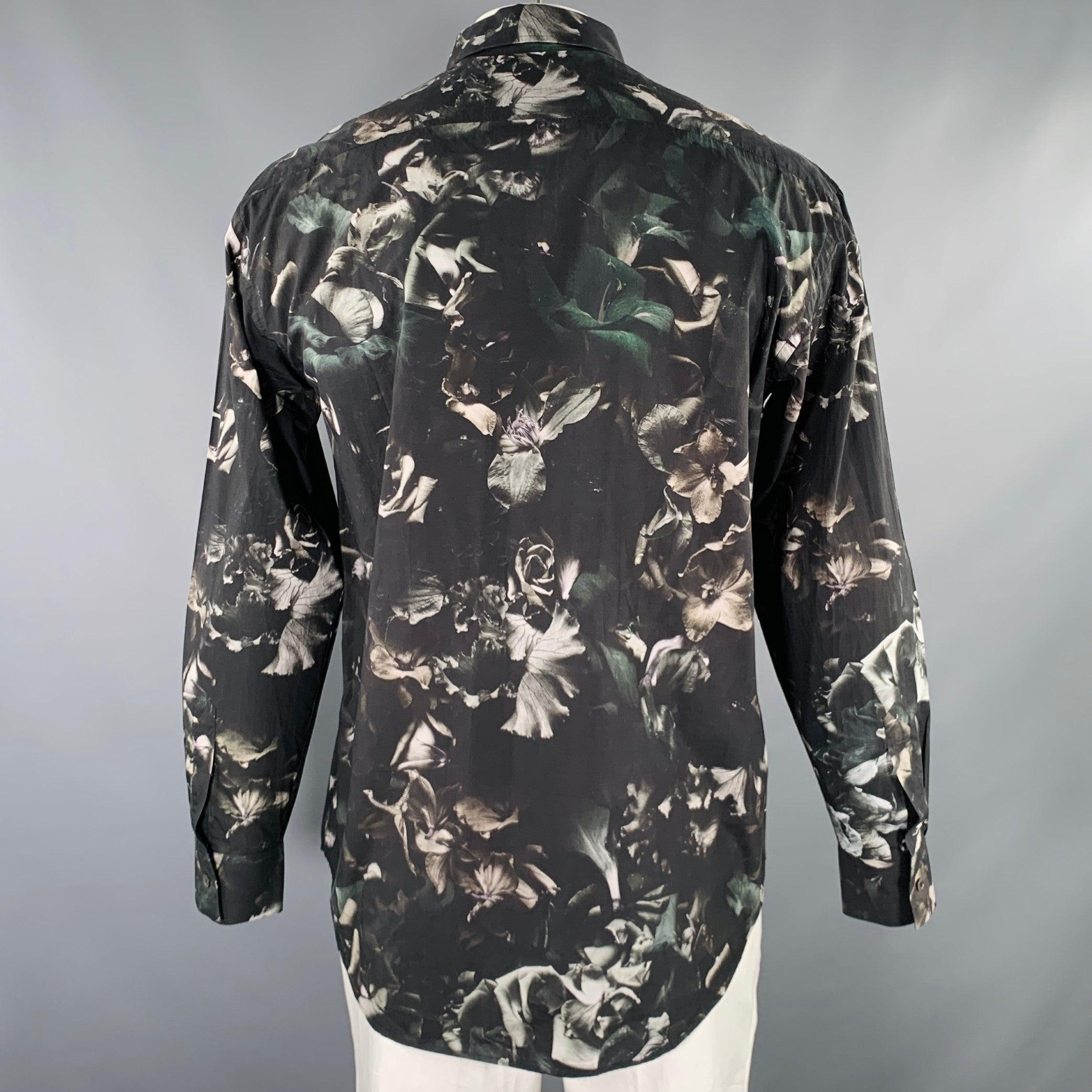 Men's PAUL SMITH Size L Black Grey Floral Cotton Silk Button Up Long Sleeve Shirt For Sale