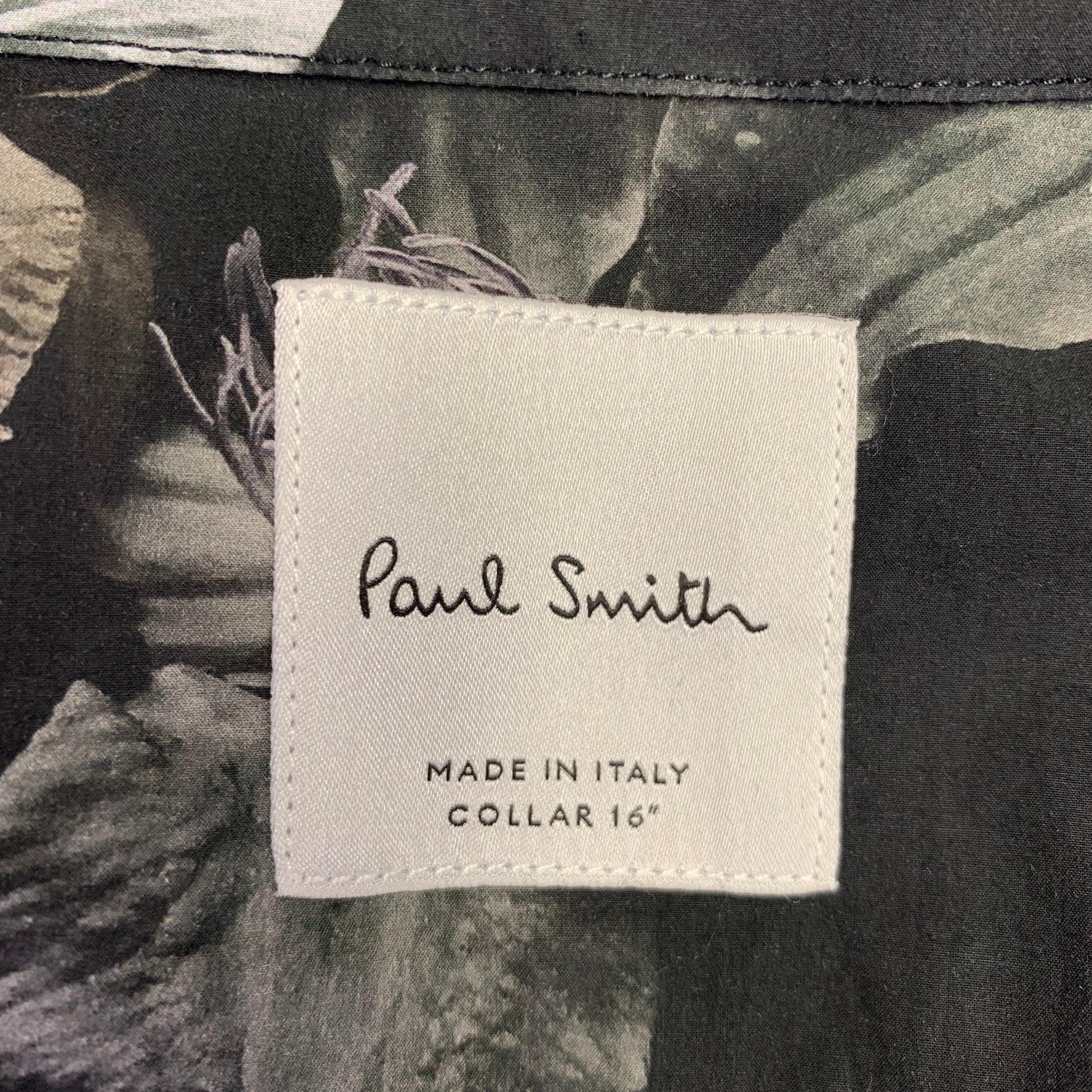 PAUL SMITH Size L Black Grey Floral Cotton Silk Button Up Long Sleeve Shirt For Sale 1