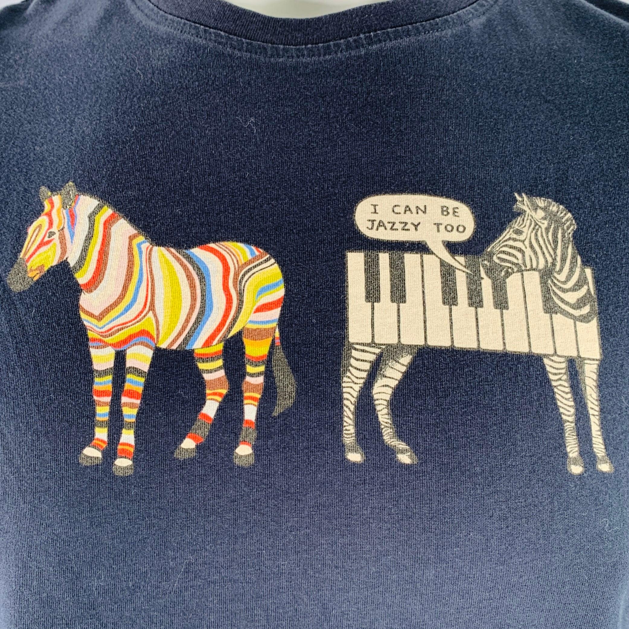 PAUL SMITH t-shirt
in a black cotton jersey featuring a multi-color double zebra cartoon print, and crew neck. Excellent Pre-Owned Condition. 

Marked:    

Measurements: 
 
Shoulder: 16.5 inches Chest: 43 inches Sleeve: 8 inches Length: 25 inches 
