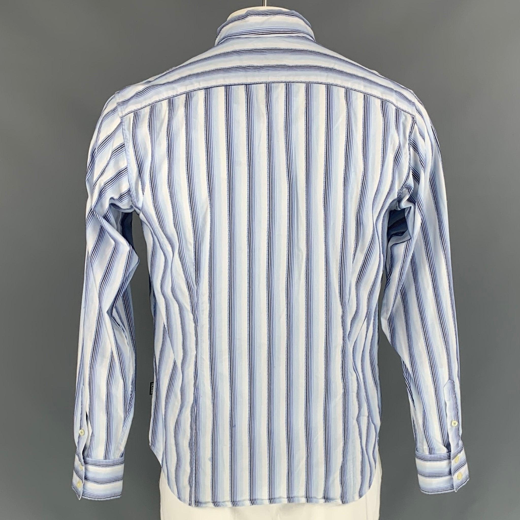 PAUL SMITH Size L Blue Striped Trim Cotton Button Down Long Sleeve Shirt In Good Condition For Sale In San Francisco, CA
