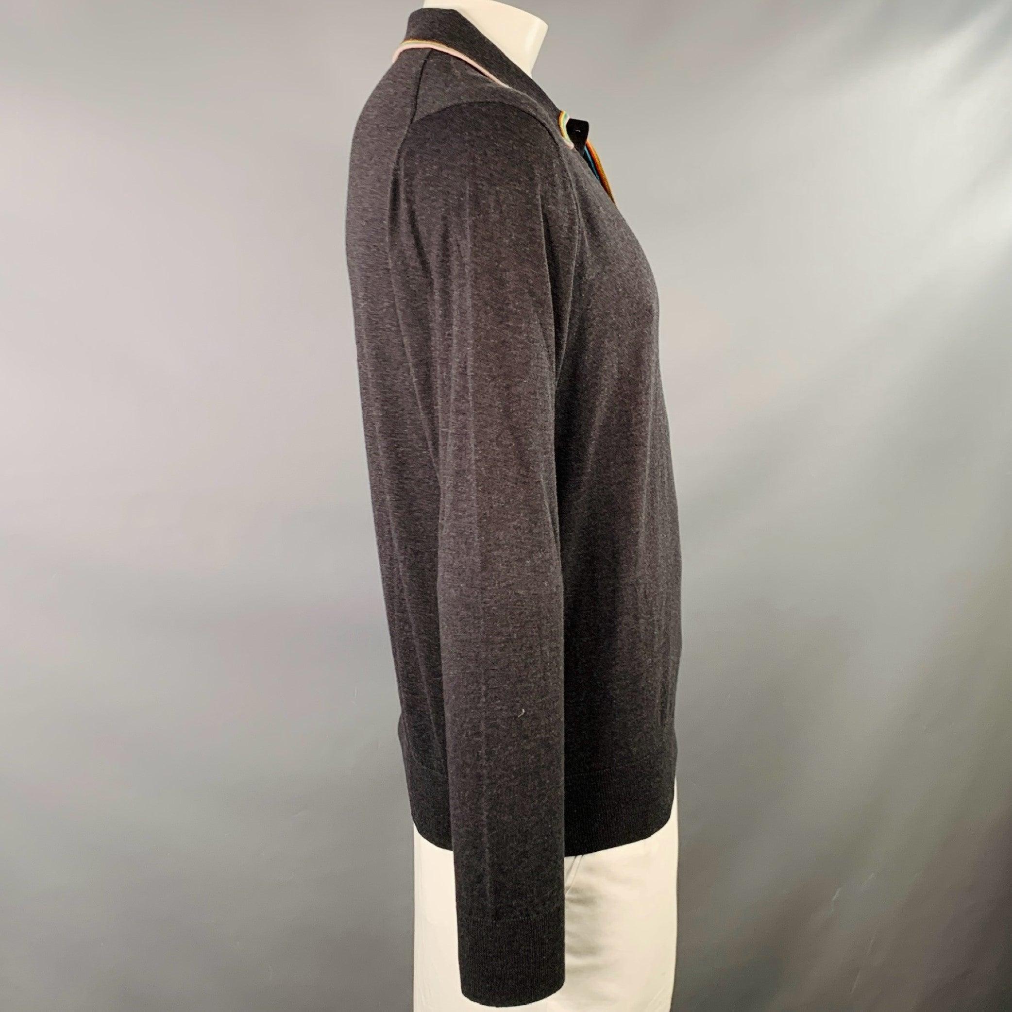 Black PAUL SMITH Size L Grey Contrast Trim Cotton Merino Wool Long Sleeve Polo