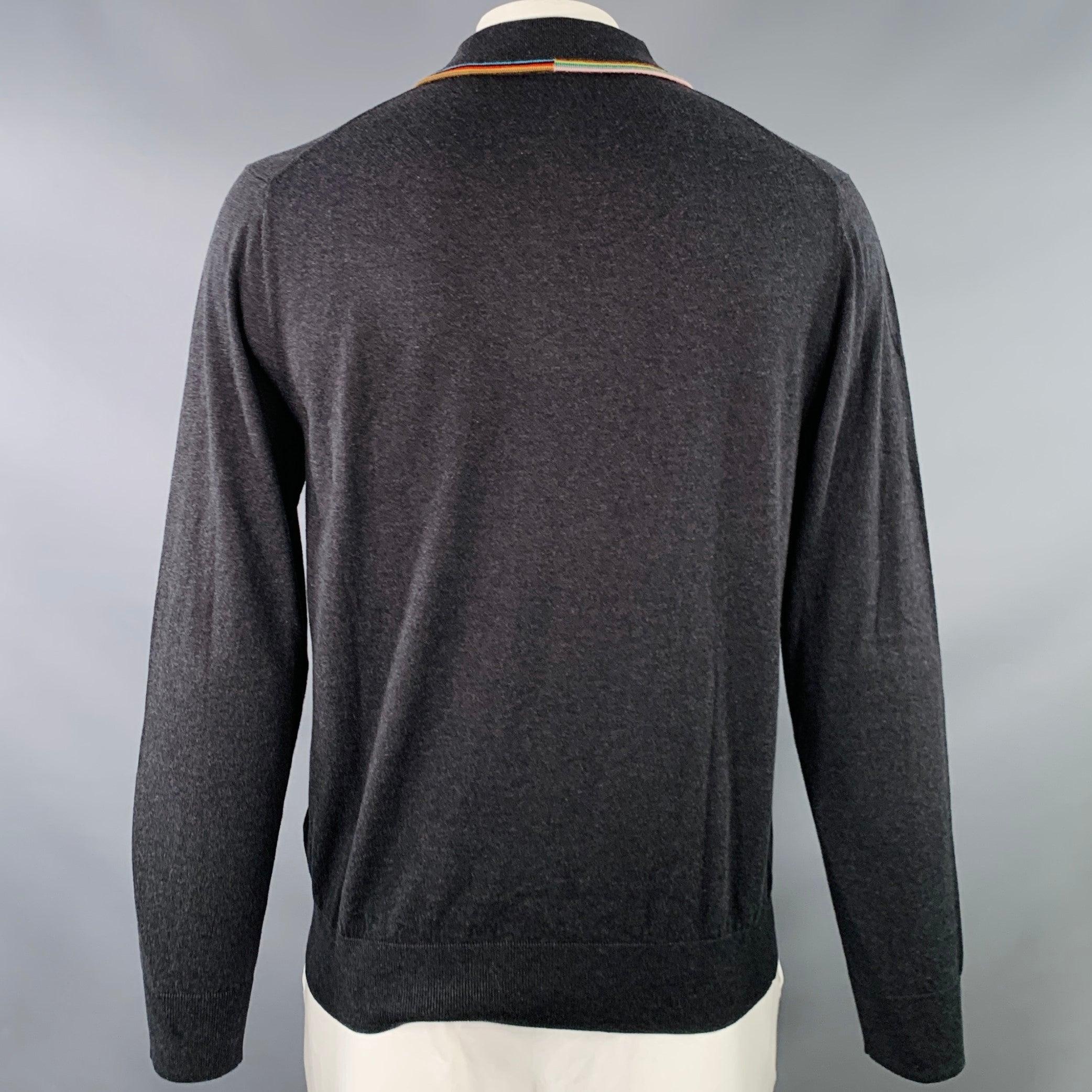 PAUL SMITH Size L Grey Contrast Trim Cotton Merino Wool Long Sleeve Polo In Excellent Condition In San Francisco, CA