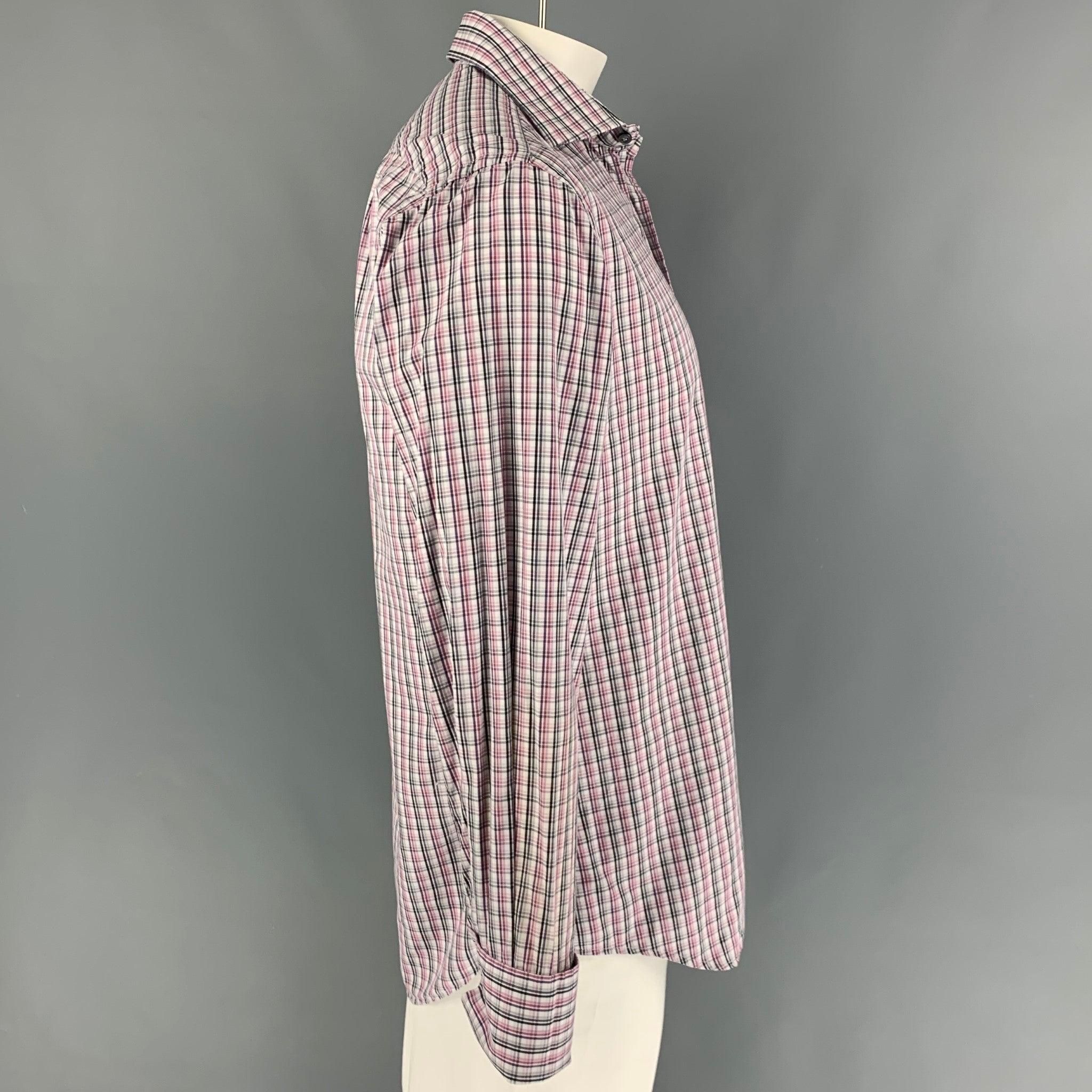 PAUL SMITH long sleeve shirt comes in a white & burgundy plaid cotton featuring a spread collar, french cuffs, patch pocket, and a button up closure. Cufflinks included. Very Good
Pre-Owned Condition. 

Marked:   16/41 

Measurements: 
 
Shoulder: