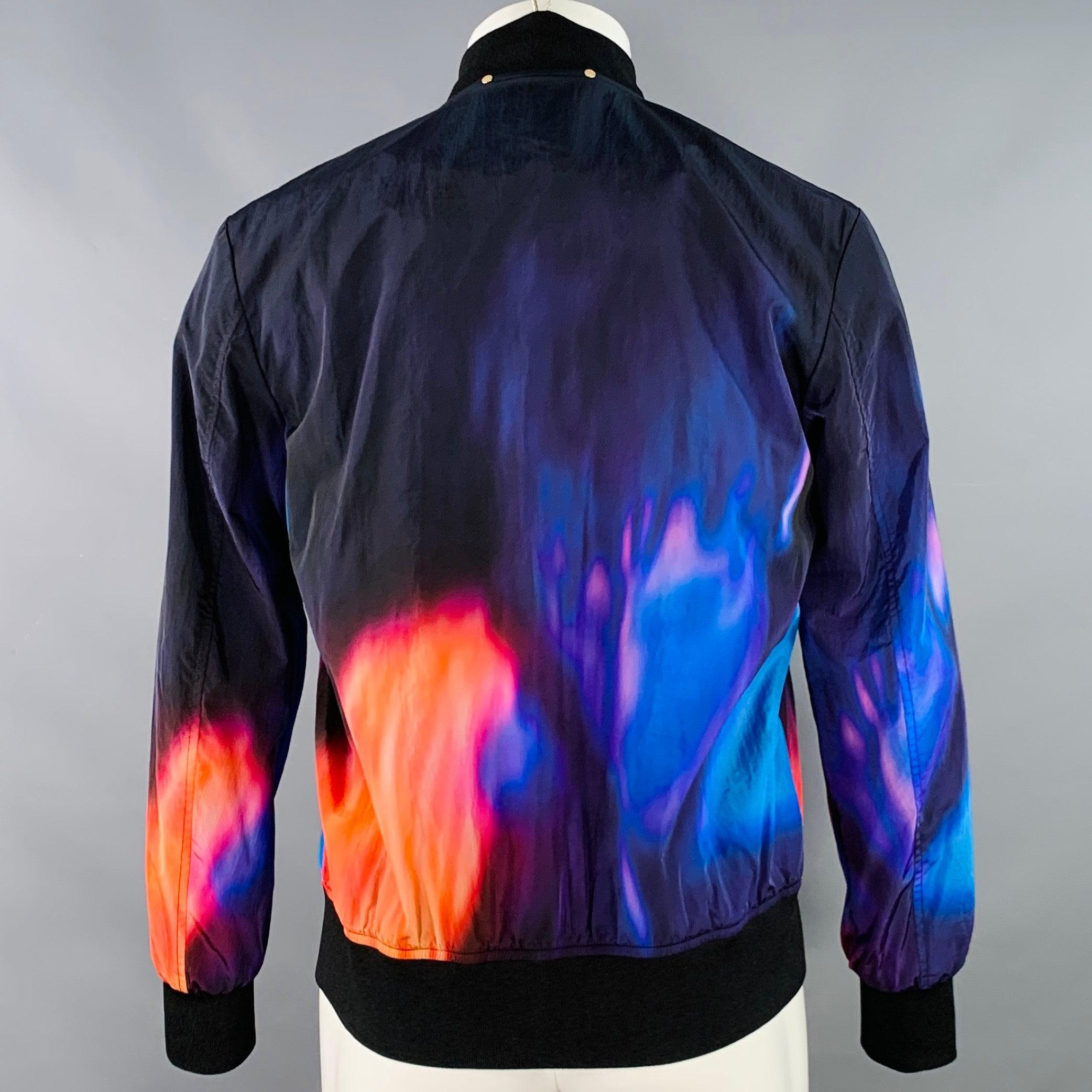 PAUL SMITH Size M Abstract Fire Black Multi Color Nylon Bomber Jacket In Excellent Condition For Sale In San Francisco, CA