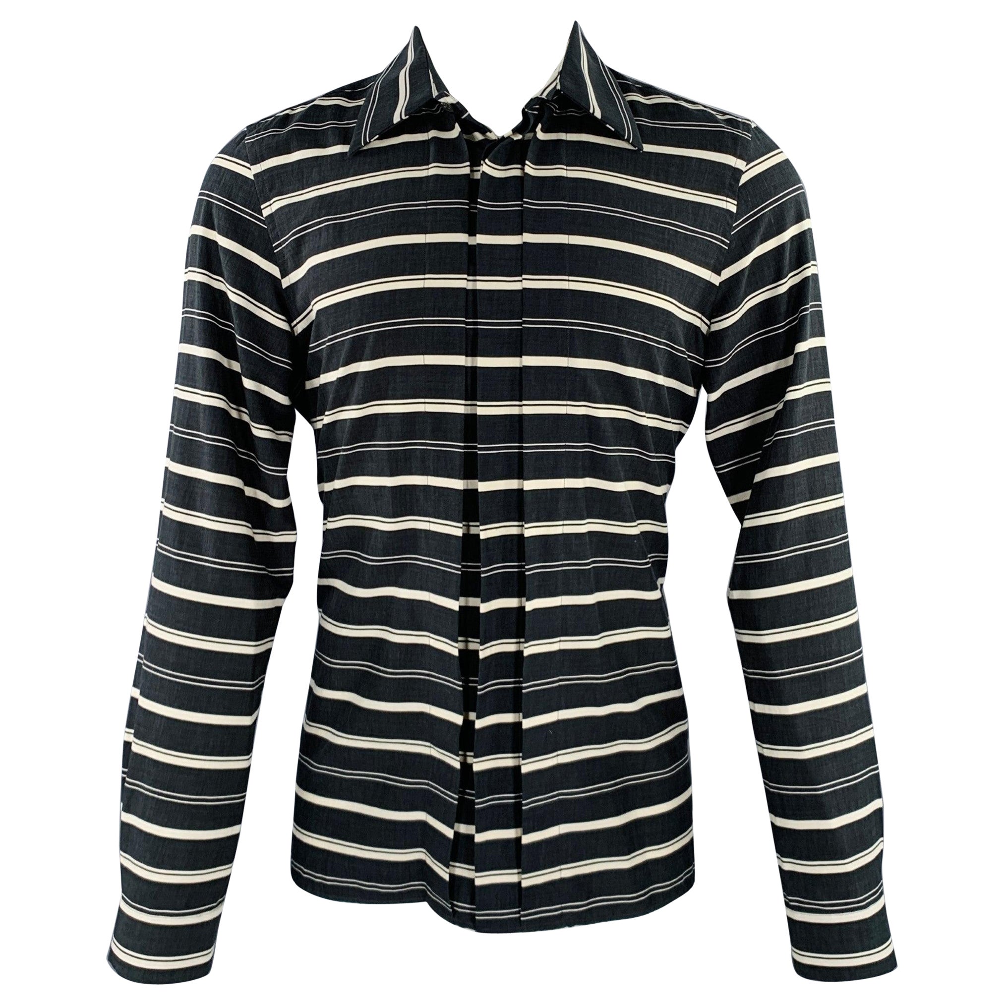 PAUL SMITH Size M Black Cream Stripe Pleated Cotton Blend Long Sleeve Shirt