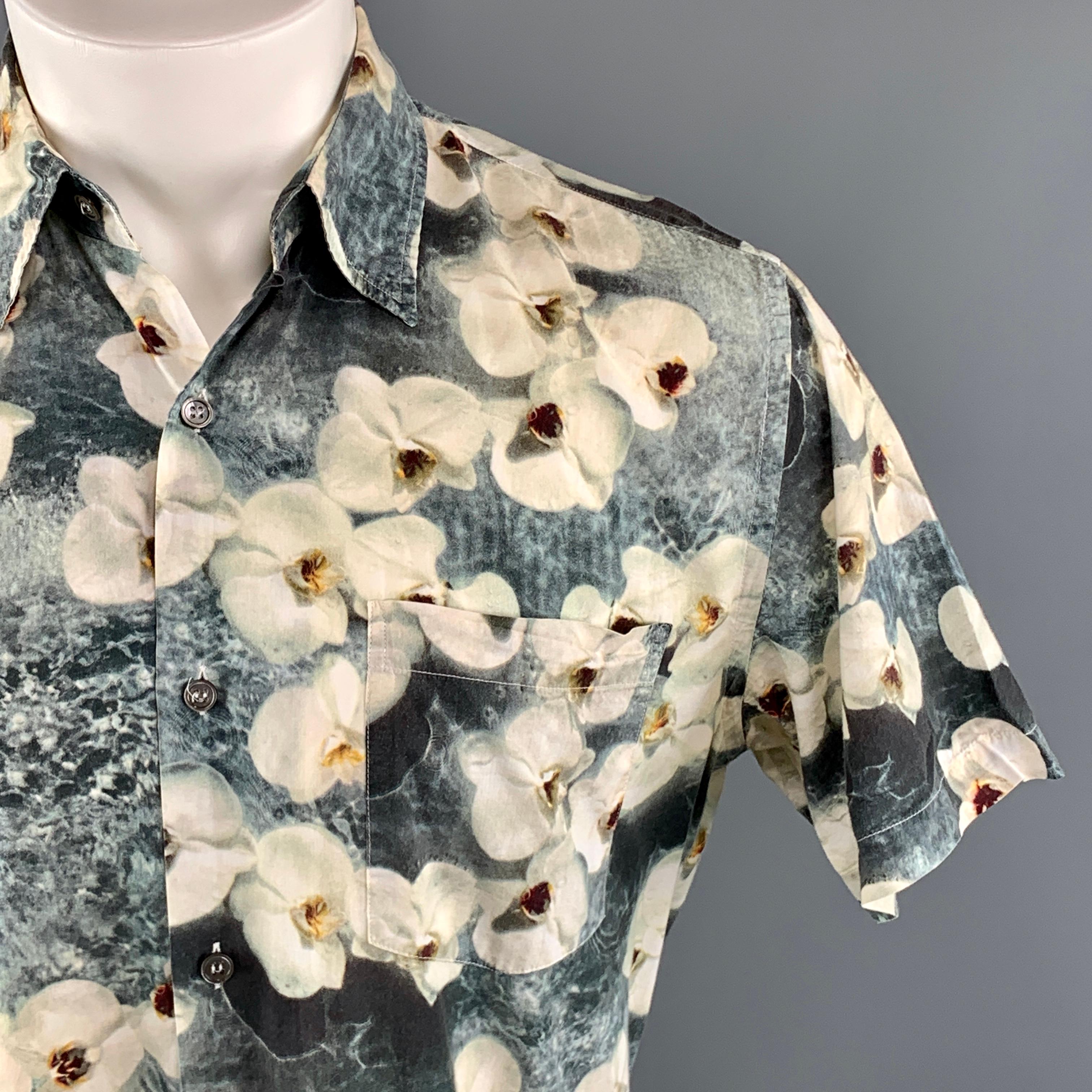 PAUL SMITH Size M Gray Floral Cotton Button Up Short Sleeve Shirt In Excellent Condition In San Francisco, CA