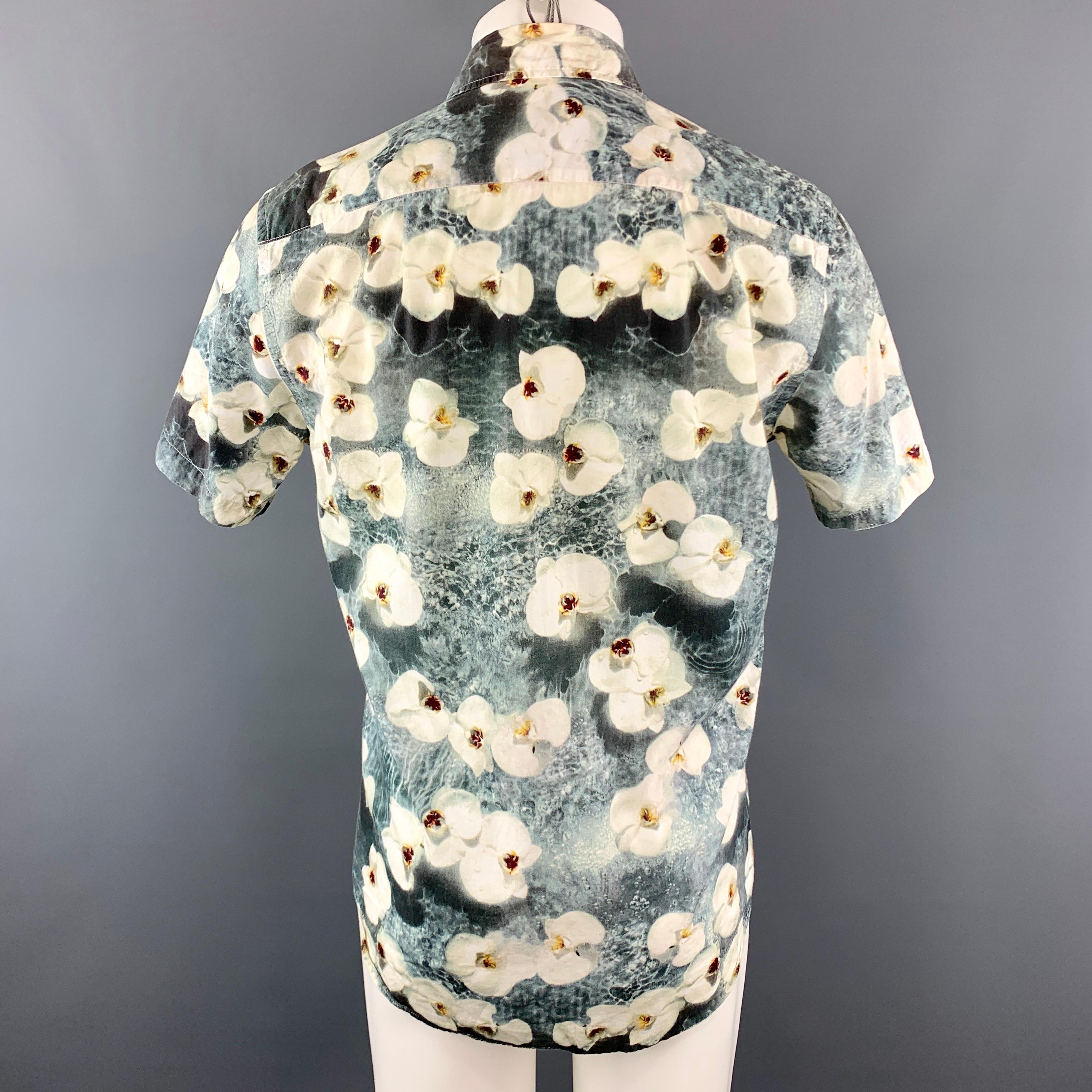 Men's PAUL SMITH Size M Gray Floral Cotton Button Up Short Sleeve Shirt